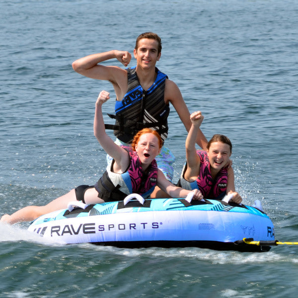Rave Sports X Frantic 2.0 Towable Tube - 3 Rider Inflatable Water Tube for Boating, Lake & Beach Fun - Perfect for Family & Friends Summer Activities