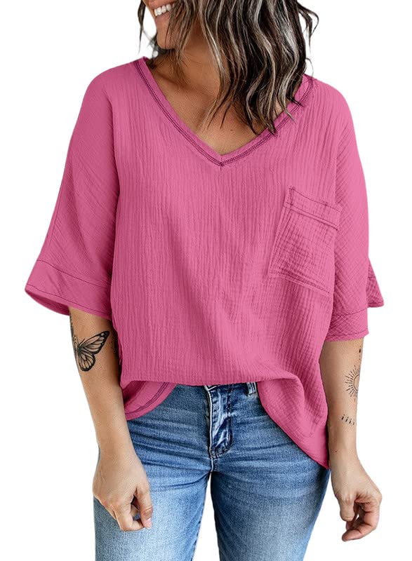 Dokotoo Women's 2024 Summer Spring 3/4 Sleeve V-Neck Casual Loose Tunic Tops Blouses - Stylish & Comfortable for Work, Travel & Daily Wear