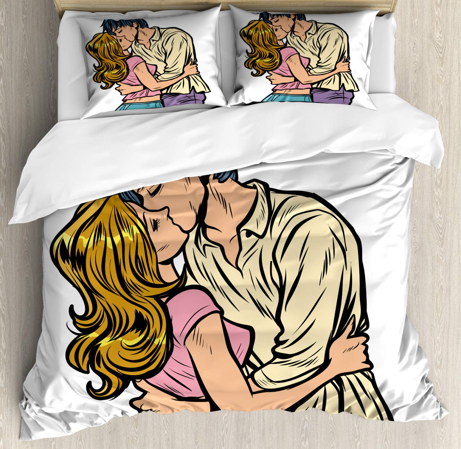 Ambesonne King Size 3-Piece Duvet Cover Set with 2 Pillow Shams - Valentine's Day Themed Comic Book Couple Design, Multicolor Bedding for Romantic Bedroom Decor | Perfect for Couples' Bedrooms, Anniversary Gifts & Valentine's Day Presents