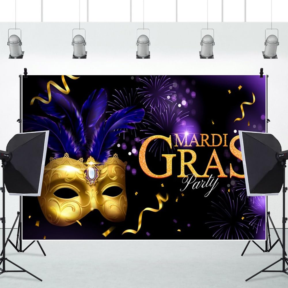 Leowefowa 5x3ft Mardi Gras Backdrop - Golden Mask, Sparkling Fireworks & Streamers Photography Background for Masquerade Birthday Party, Carnival, Studio Props (Vinyl) - Perfect for Events, Photo Booths & Home Decor