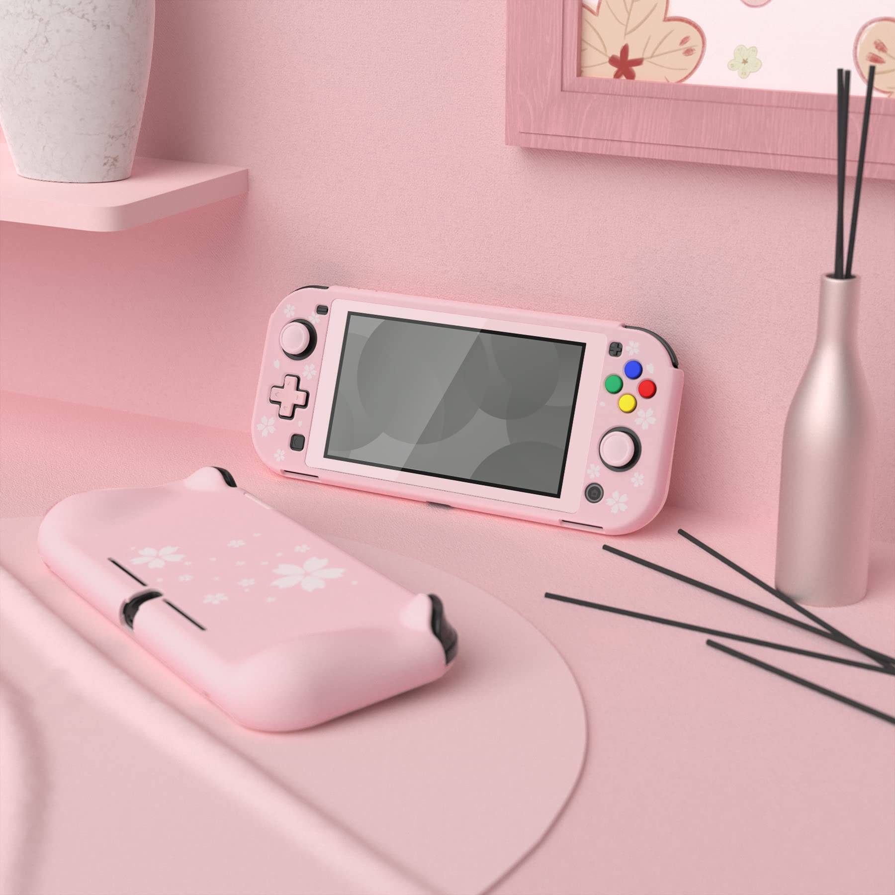 PlayVital ZealProtect Protective Case for Nintendo Switch Lite - Hard Shell Ergonomic Grip Cover with Screen Protector, Thumb Grip Caps & Button Caps - Cherry Blossom Petals Design - Perfect for Gaming, Travel & Daily Protection