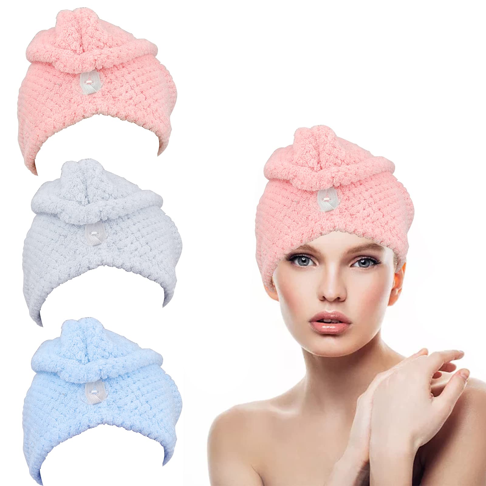 Fast Drying Microfiber Hair Towel with Button Closure for Women - Soft Twist Hair Turban Wrap for Wet, Curly, Long & Thick Hair - Perfect for Post-Shower, Salon & Travel Use