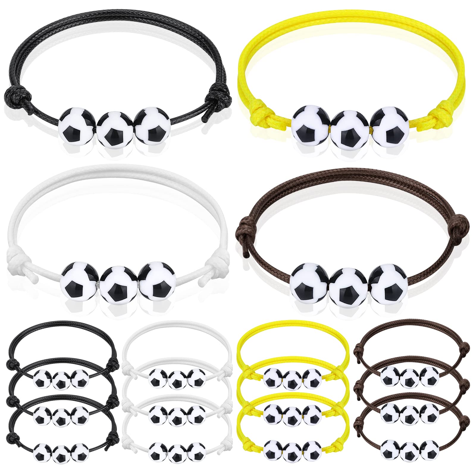 12Pcs Soccer Charm Bracelets - Adjustable Wristbands for Men & Women - Soccer Party Favors, Birthday Gifts, Team Decorations (Black, Yellow, White, Brown) - Perfect for Soccer Games, Birthday Parties & Sports Events