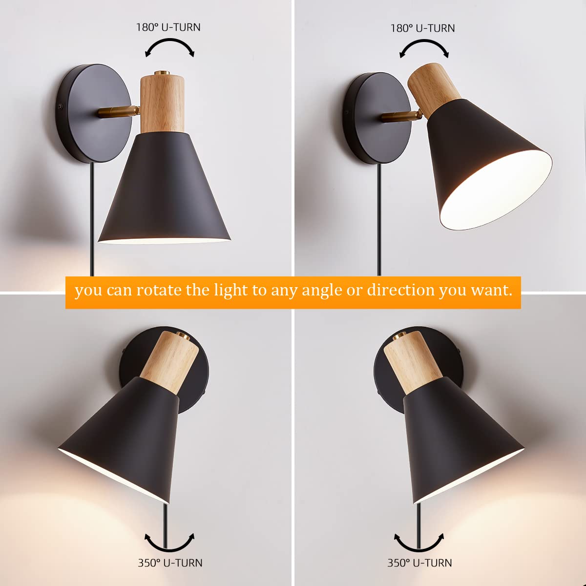 Dimmable Black Wooden Wall Sconce Plug-in Light - Adjustable Reading Lamp for Bedroom, Hallway & Living Room | Modern Plug-in Wall Lighting Fixture for Cozy Home Decor & Nighttime Reading