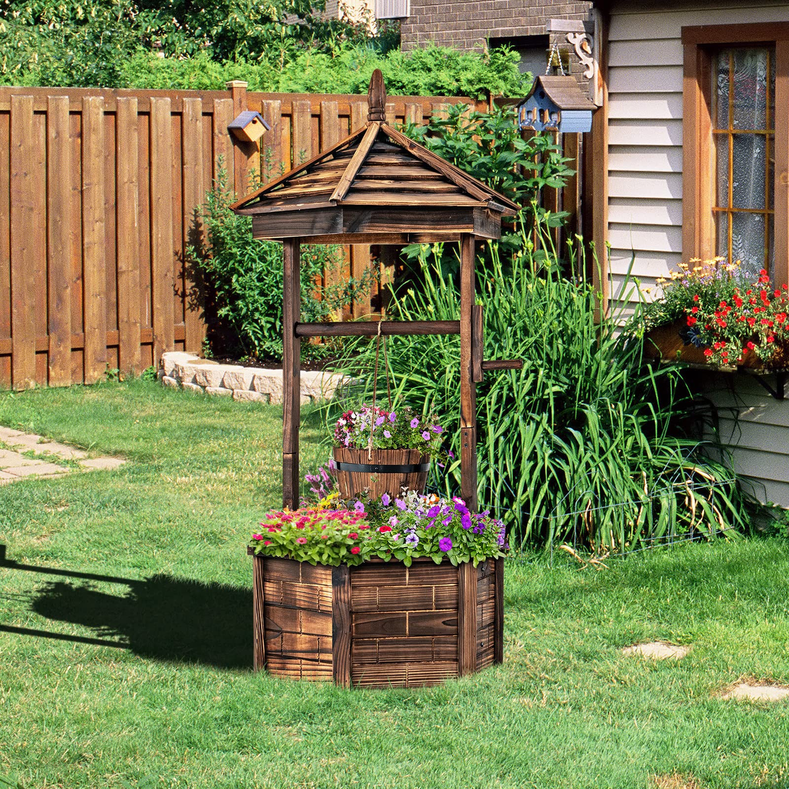 Giantex Rustic Wooden Wishing Well Planter with Hanging Bucket & Roof - Outdoor Garden Decor for Backyard, Patio, Lawn - Perfect for Flowers, Plants, and Countryside Landscaping