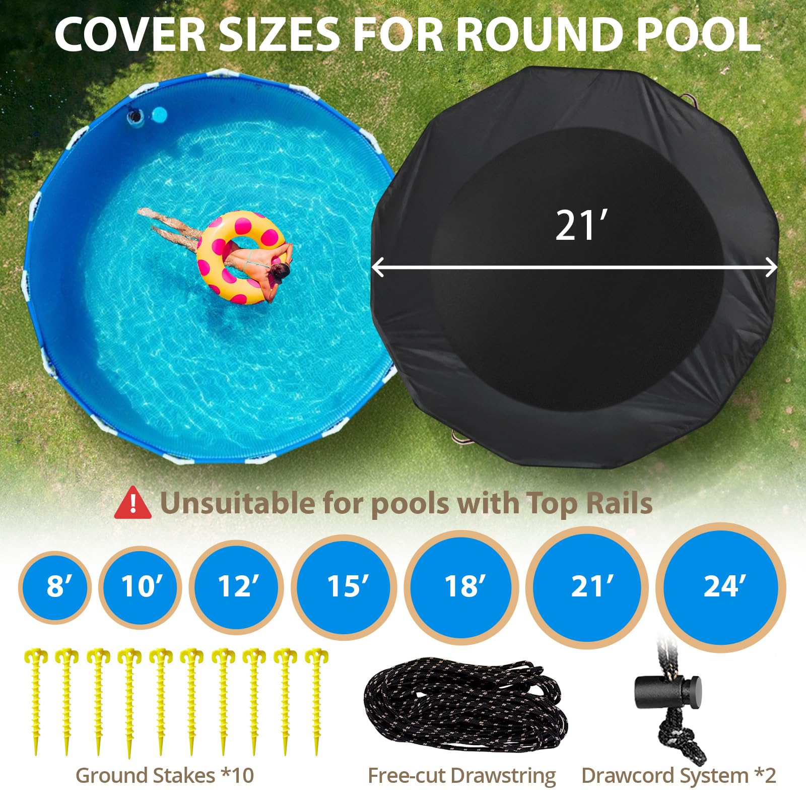 QH.HOME 21 Ft Round Winter Pool Cover for Above Ground Pools - Heavy Duty 634N Tear Resistant & 500D Dense Fabric - Solar Swimming Pool Cover with Fade & Wind Protection - Black - Perfect for Winterizing and Protecting Your Above Ground Pool from Debris and Harsh Weather