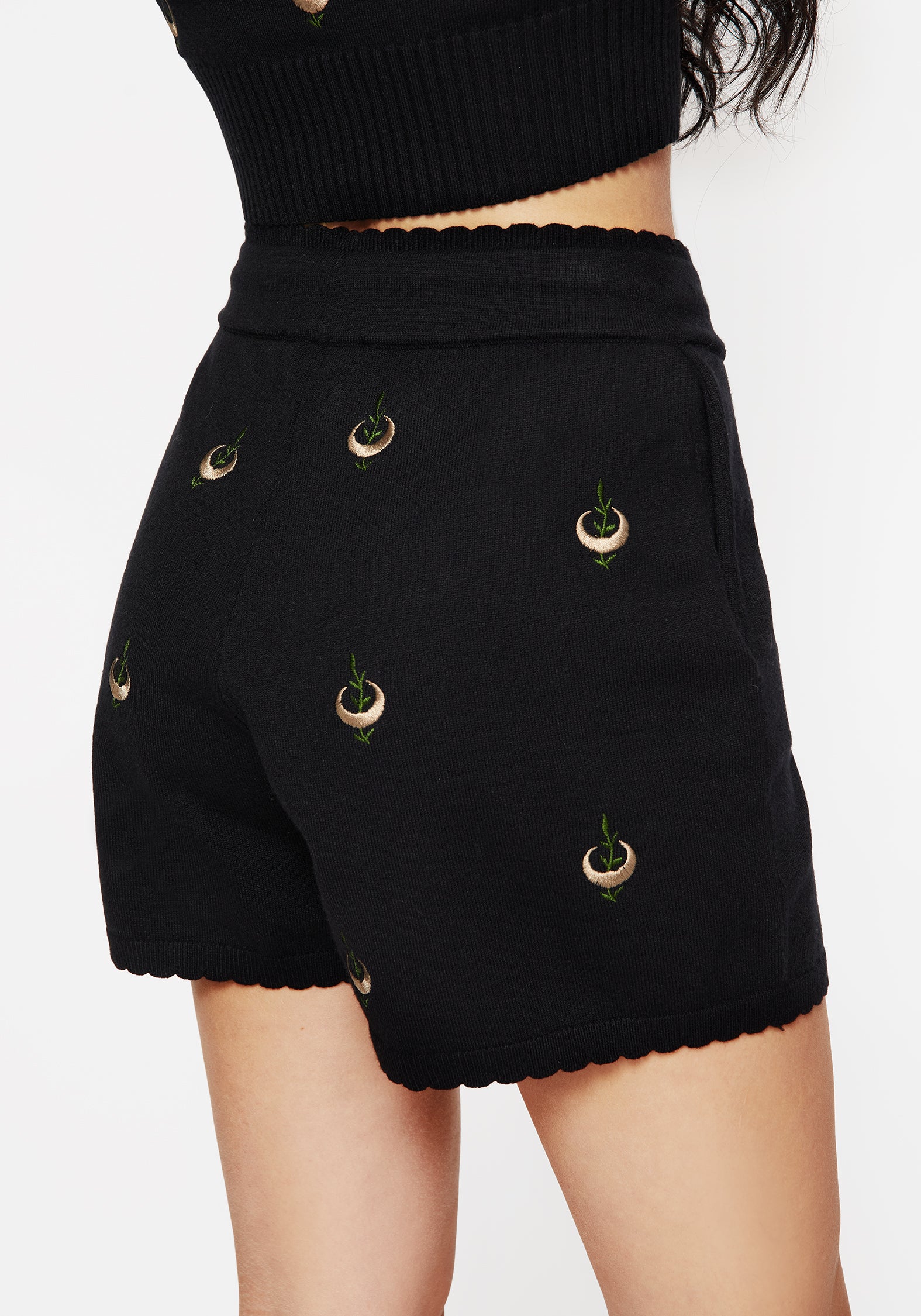 Liana Moon Leaf Embroidered Knit Shorts for Women - Comfortable Summer Casual Shorts with Floral Design - Perfect for Beach, Vacation and Everyday Wear