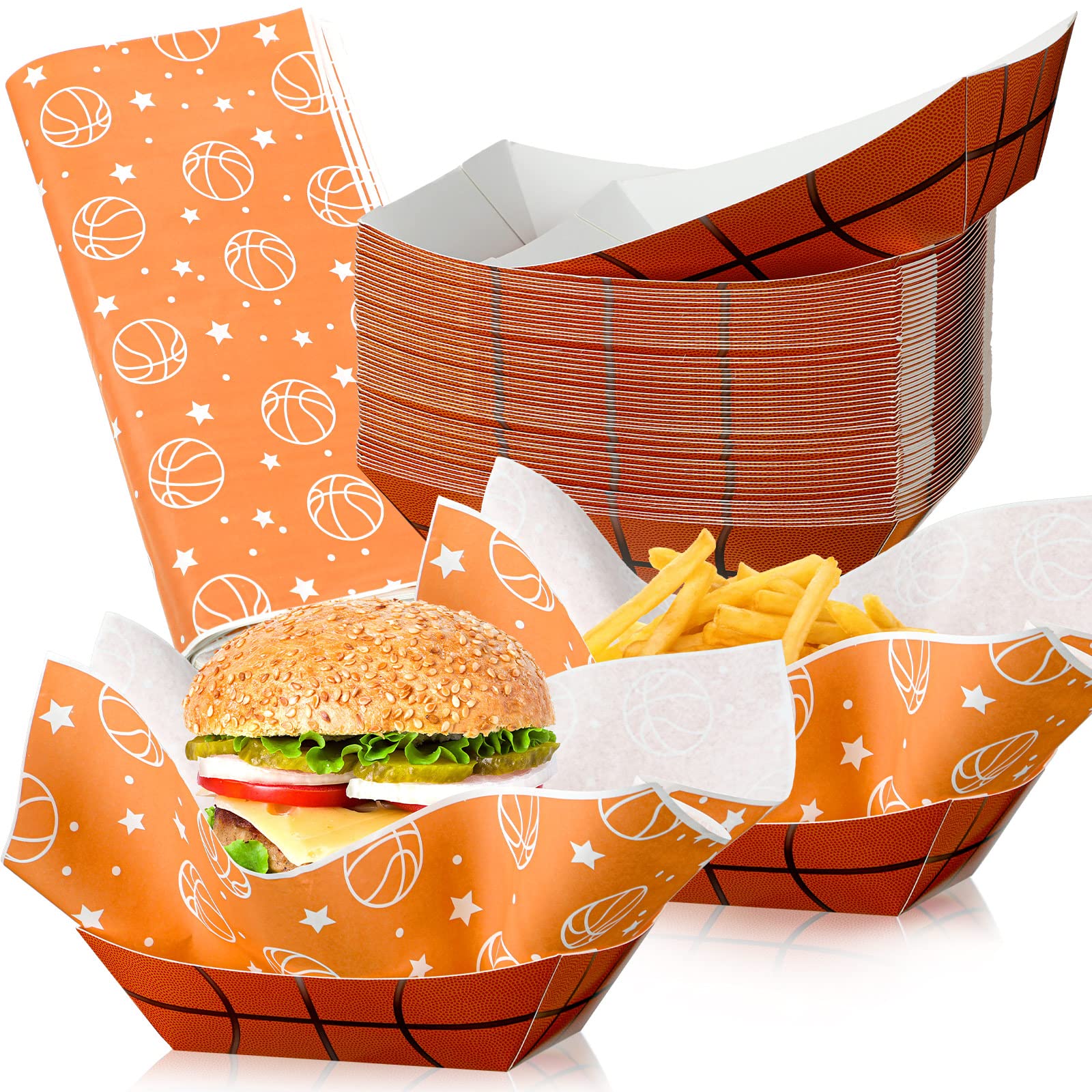 Marsui 100-Pack Basketball Party Supplies - Disposable Paper Food Trays & Wax Paper Sheets for Sports Themed Birthday Parties, Golf, Softball, Soccer & Baseball Events | Perfect for Game Day Snacks, Tailgating & Team Celebrations