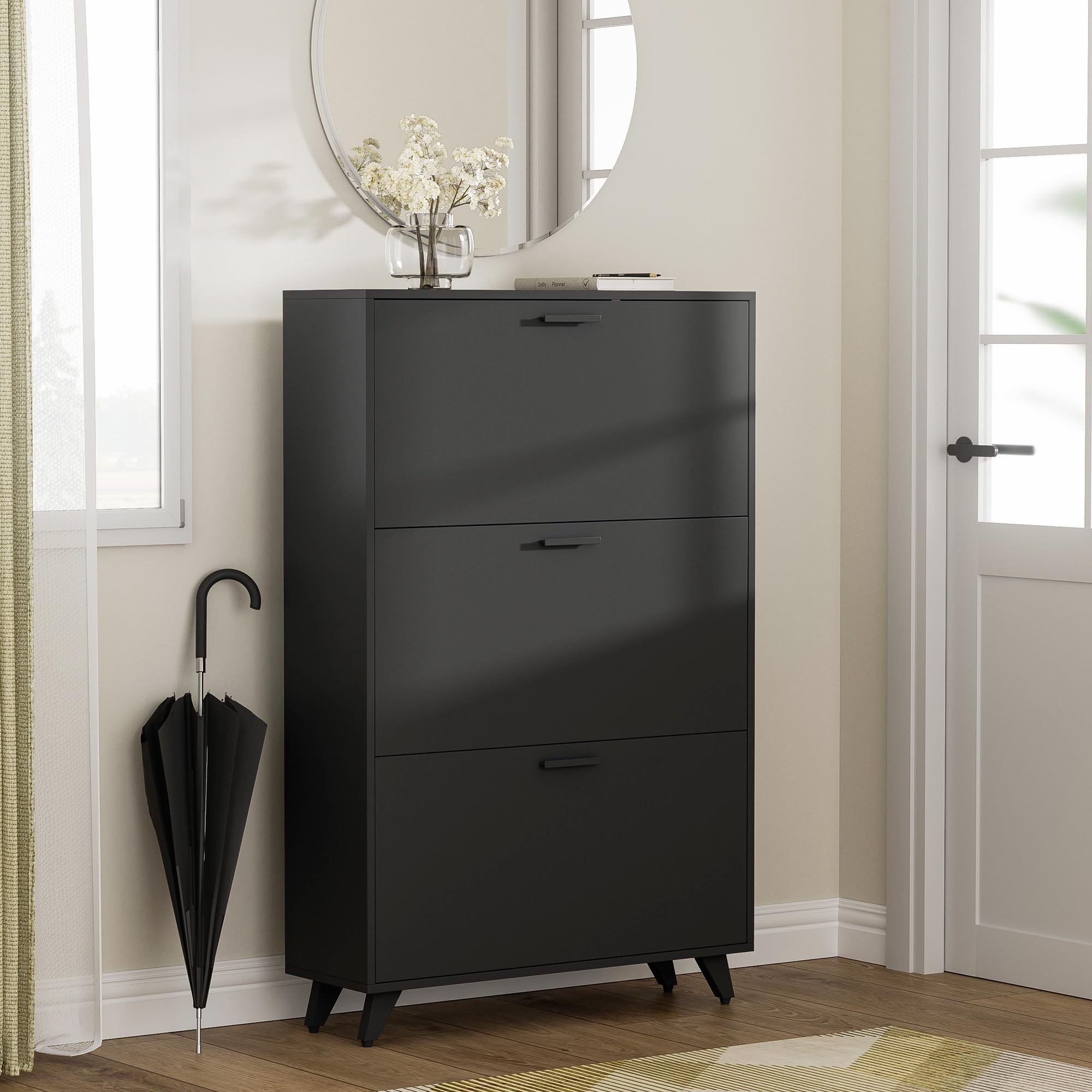 Black Shoe Storage Cabinet for Men & Women - Holds Up to Size 16 Shoes - 3-Tier Flip Drawer Wooden Organizer for Entryway, Closet, Living Room - Perfect for Small Spaces & Shoe Collection Organization
