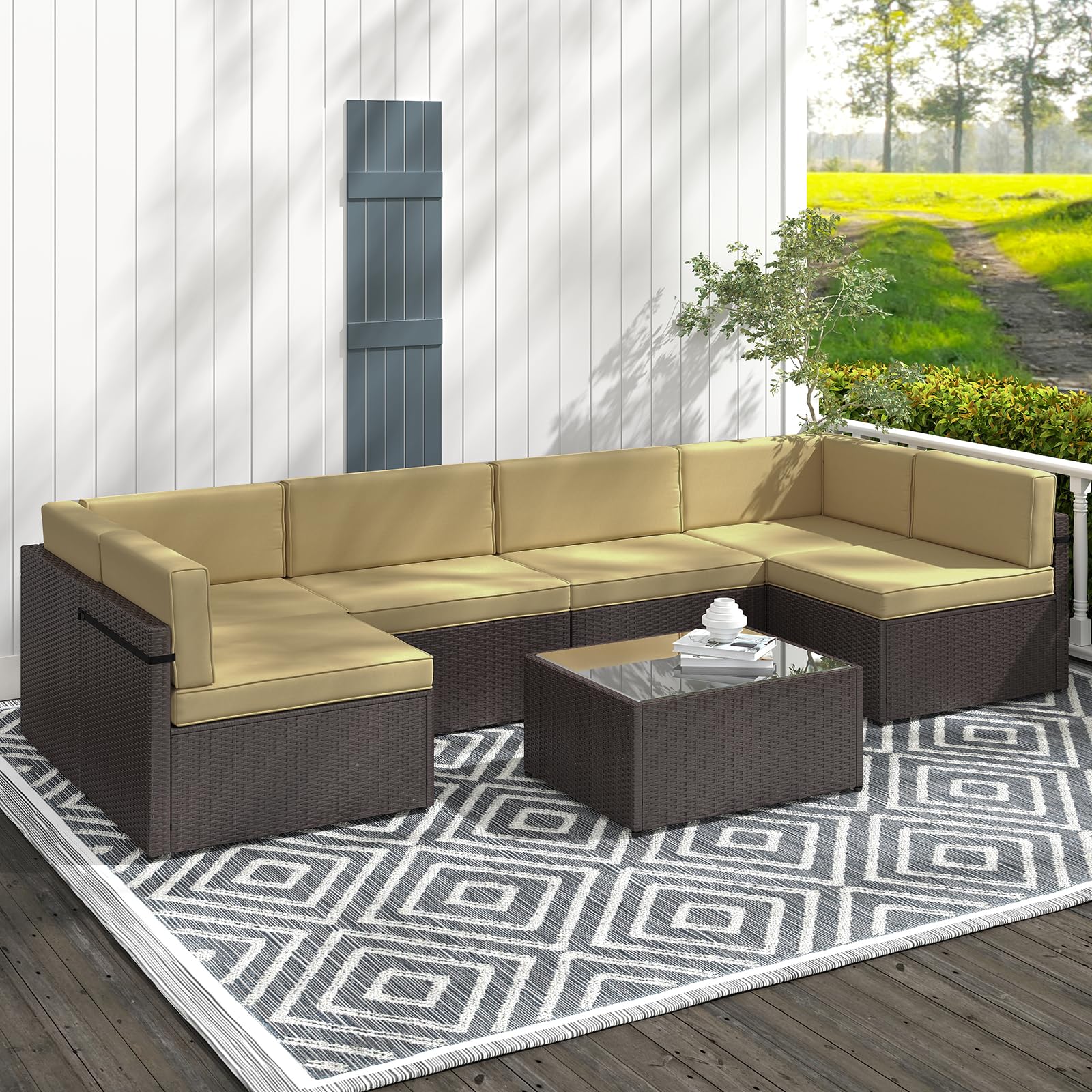 Premium Outdoor Patio Furniture Set - 7-Piece PE Rattan Wicker Sectional Sofa with Glass Coffee Table & Cushions for Porch, Balcony, Garden, Poolside (Khaki) | Perfect for Relaxing, Entertaining & Outdoor Living Spaces