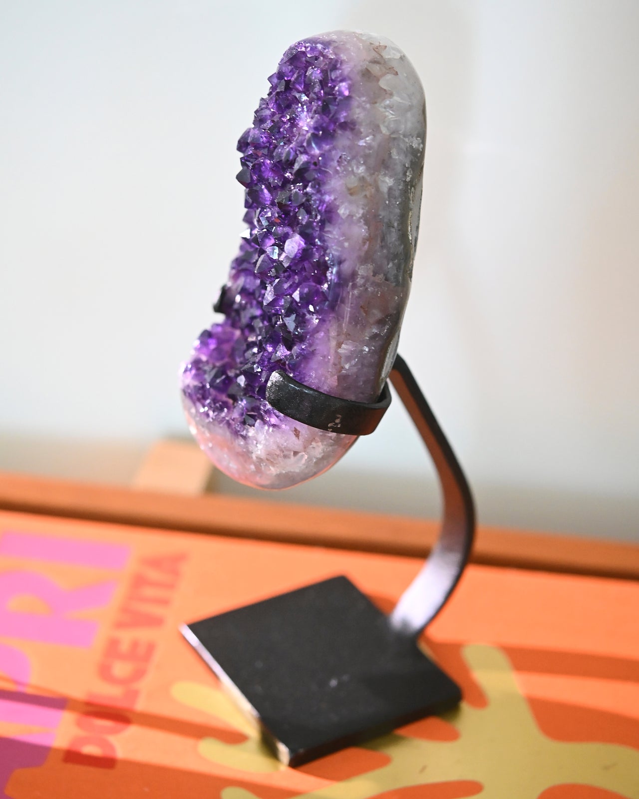 Natural Amethyst Crystal Geode on Wooden Stand - 3.5lbs Healing Stone for Home Decor, Meditation & Spiritual Gifts