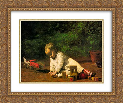 Baby At Play 24x20 Gold Ornate Frame & Double Matted Museum Art Print by Thomas Eakins - Vintage Nursery Decor, Baby Room Wall Art, Classic Home Decoration for Living Room & Bedroom