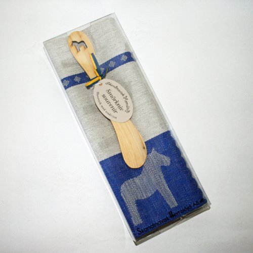 Dala Horse Blue Towel and Butterknife Gift Set - Handmade Swedish Home Decor for Kitchen, Bathroom, or Housewarming Present