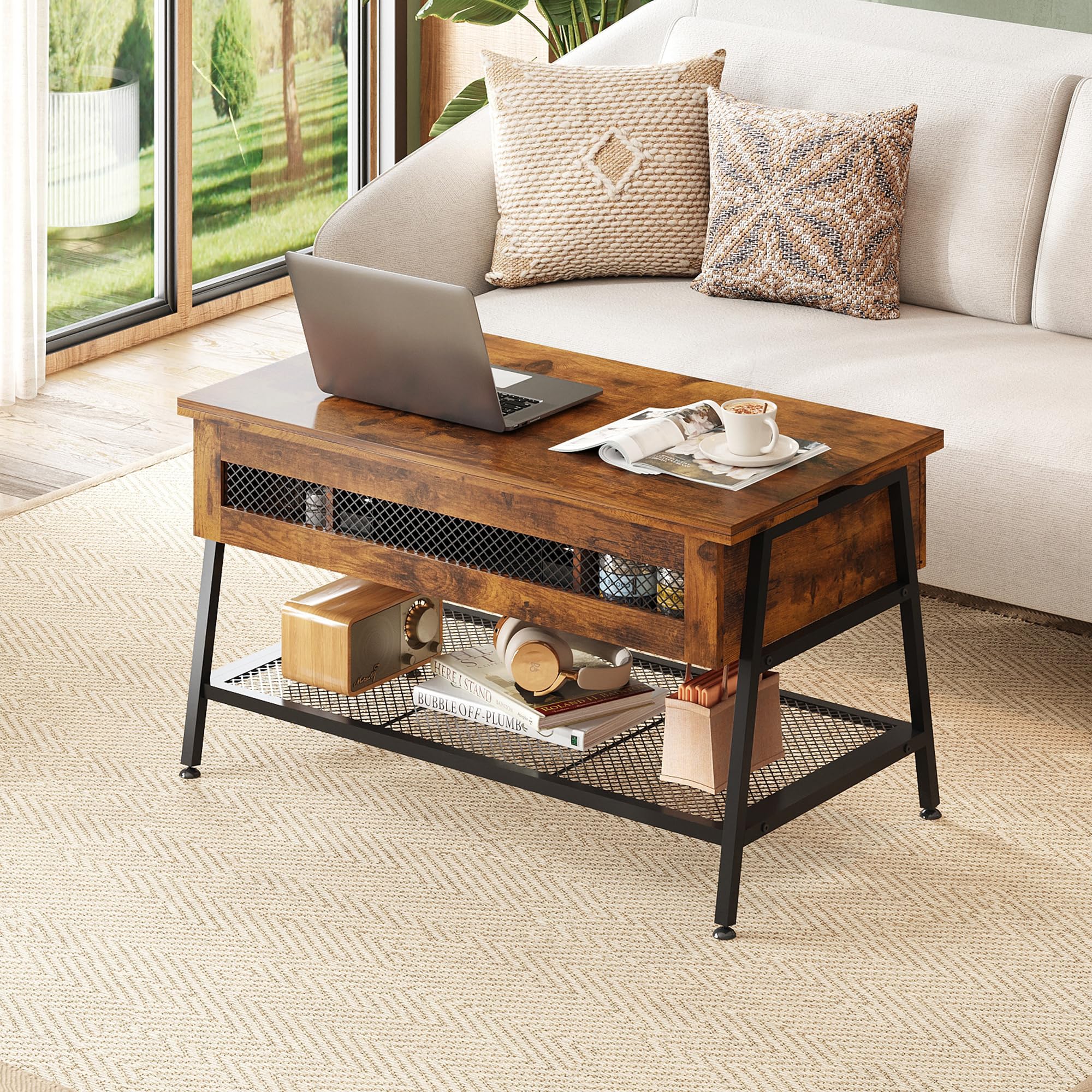 WLIVE Lift Top Coffee Table - 3-in-1 Convertible Coffee Table with Hidden Storage | Rustic Brown Multi-Functional Table Transforms to Dining Table | Perfect for Small Spaces, Living Rooms & Home Offices