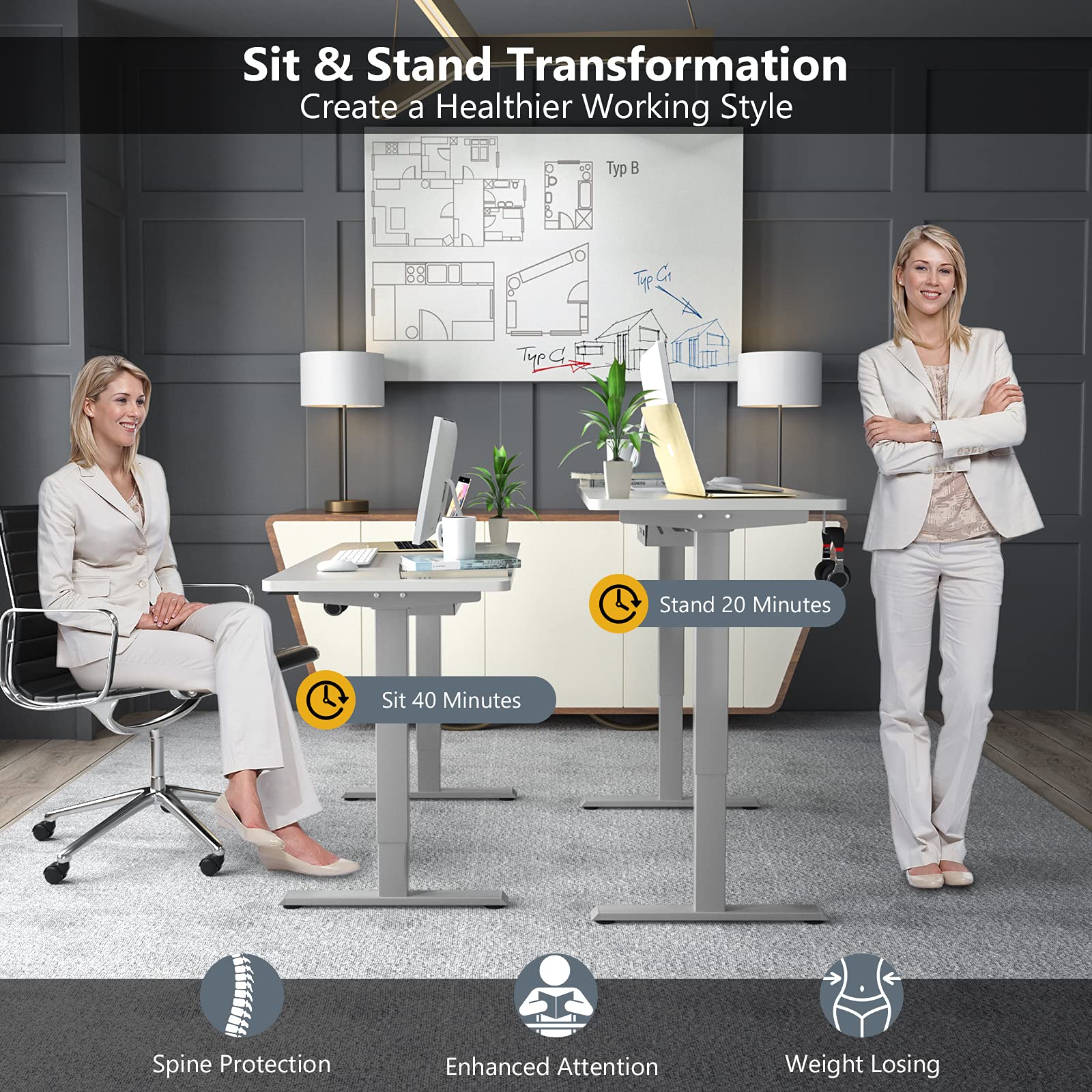 Tangkula 48 x 24 Inch Electric Standing Desk - Dual Motor Height Adjustable Sit Stand Workstation with 3-Position Memory Controller, 1