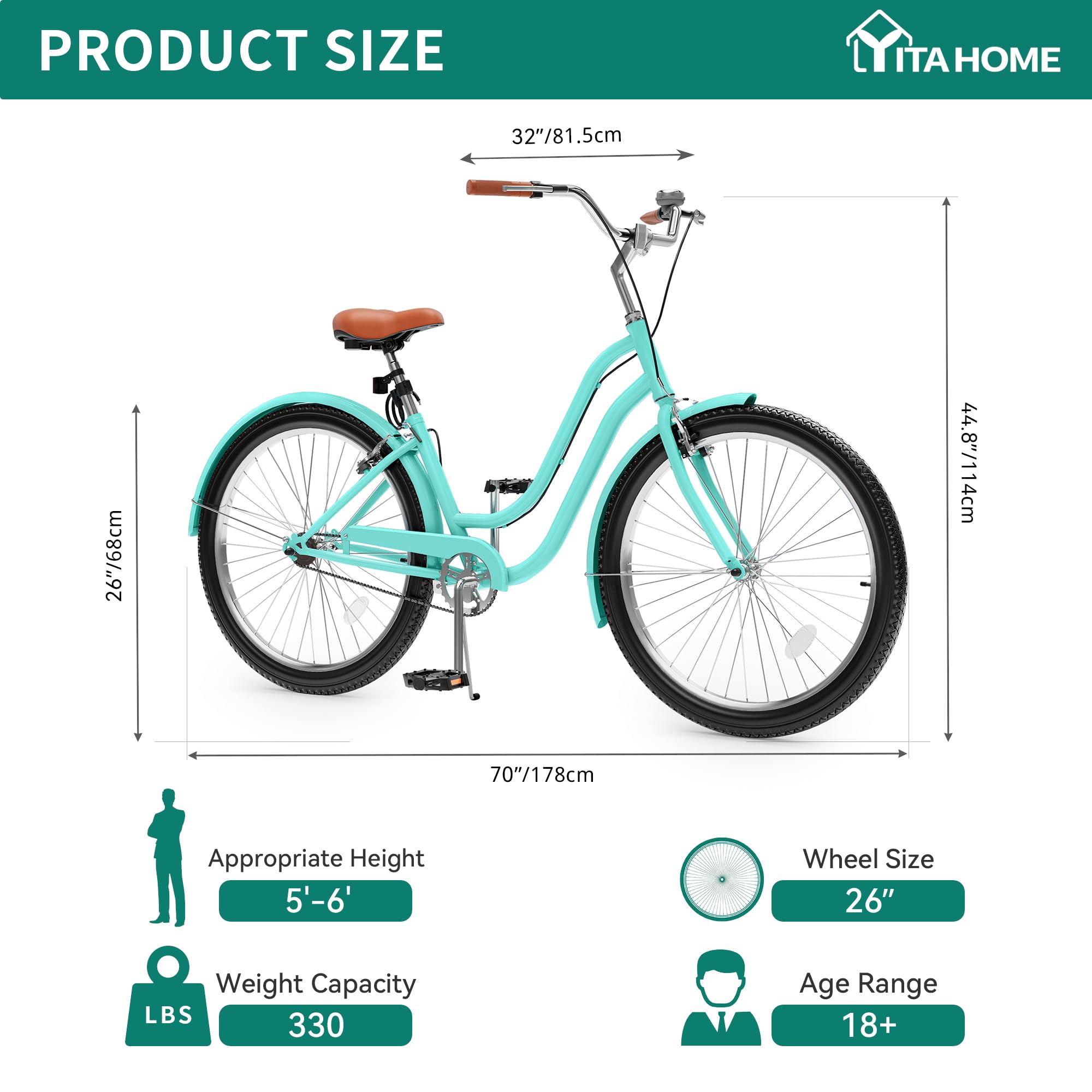 YITAHOME 24 & 26 Inch Beach Cruiser Bike for Adults - 7 Speed & Single Speed Commuting Bicycle with Steel Frame - Step-Through Design for Men & Women - Includes Full Front & Rear Fenders - Perfect for Beach Rides, City Commuting & Leisure Cycling