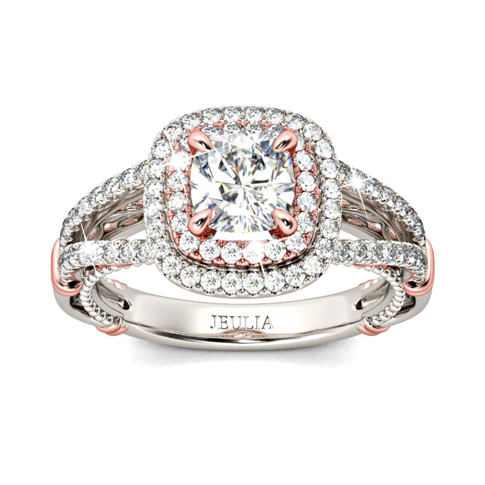 Jeulia 2 Carat Double Halo Cushion Cut Engagement Ring - 14K White Gold Plated Cubic Zirconia Wedding Band - CZ Solitaire Promise Ring with Velvet Jewelry Gift Box - Perfect for Proposals, Anniversaries & Special Occasions