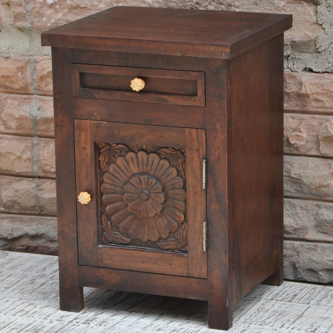 Hand Carved Solid Wood Nightstand with Drawer - Rustic Brown Bedside Table for Bedroom, Living Room & Home Decor - Perfect for Storage & Organization