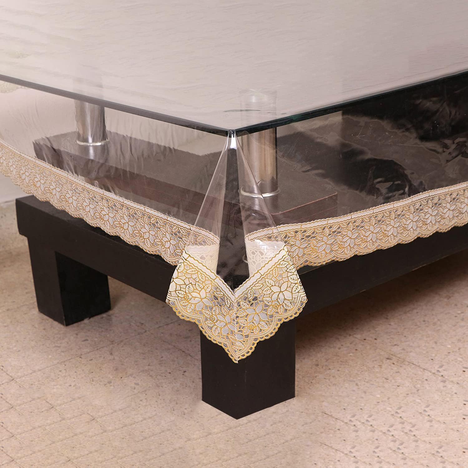 Kuber Industries 70x45 Inch Transparent Dining Table Cover with Golden Lace - Waterproof Tablecloth for 4 Seater Tables, Elegant Protection for Daily Meals & Special Occasions