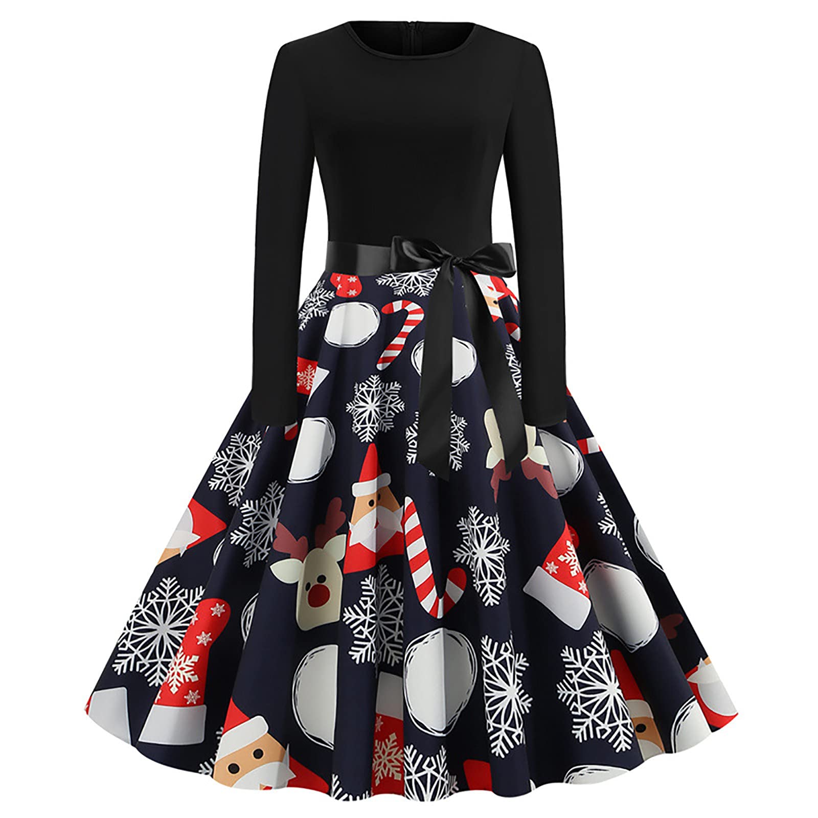 Women's Christmas Flared Midi Dress with Tie Waist - Long Sleeve Zip Up Fall Dress | Holiday Party, Family Gathering & Winter Wedding Attire