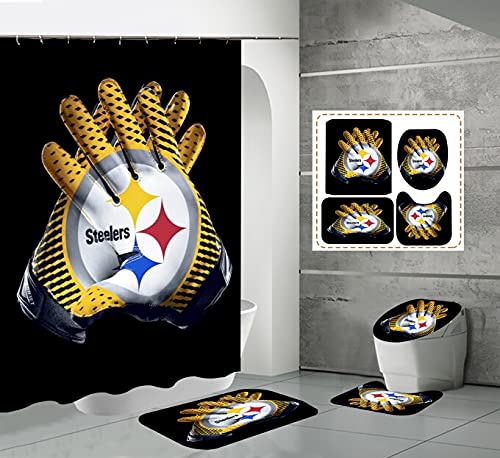 4-Piece Shower Curtain Set with Toilet Lid Cover, Non-Slip Bath Mat & Waterproof Shower Curtain with Hooks - American Football Sports Theme Bathroom Decor - Machine Washable for Home, Dorm, and Apartment Use