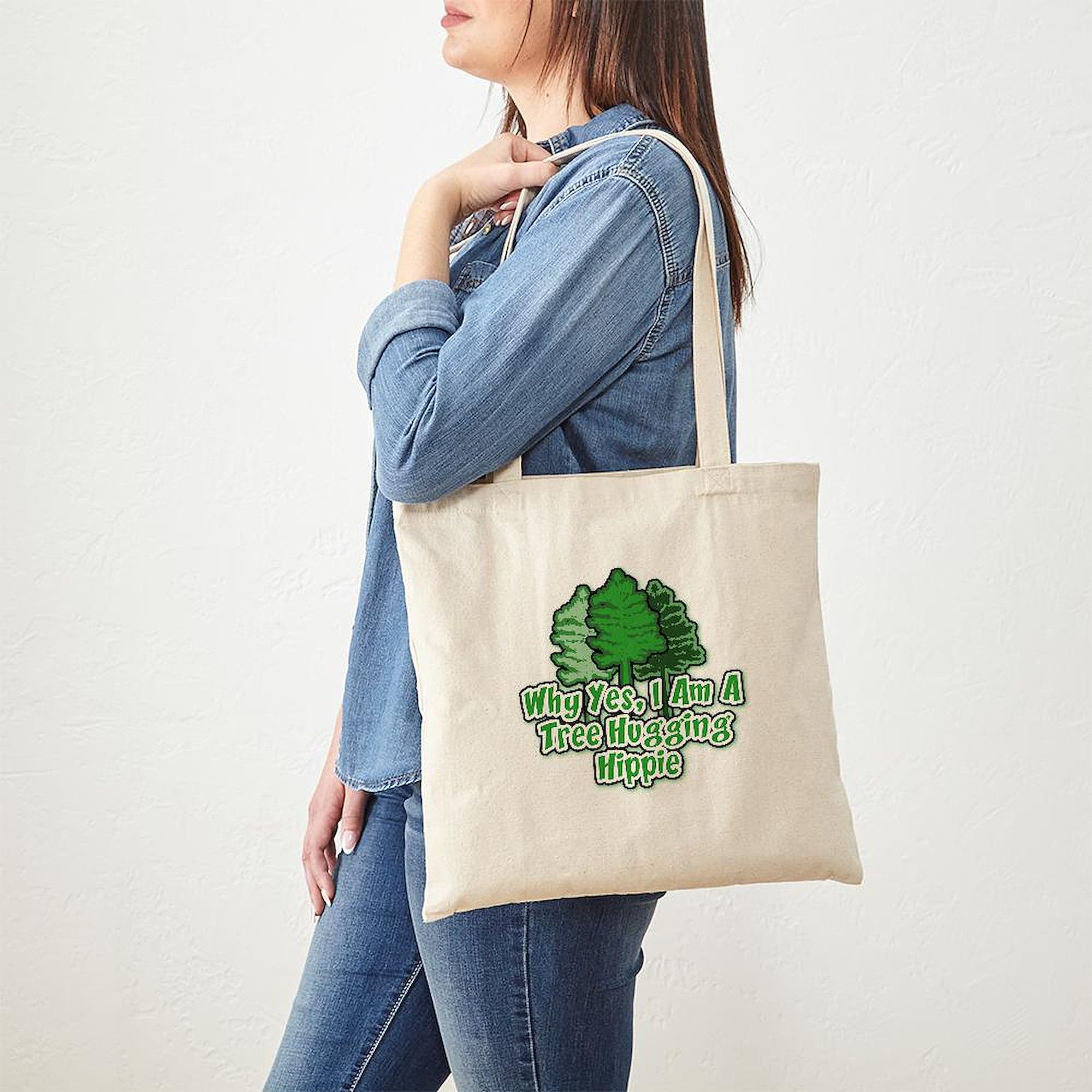 Eco-Friendly Tree Hugging Hippie Tote Bag - Natural Canvas Reusable Shopping Bag for Groceries, Beach & Farmers Market | Sustainable Cotton Carryall for Everyday Use