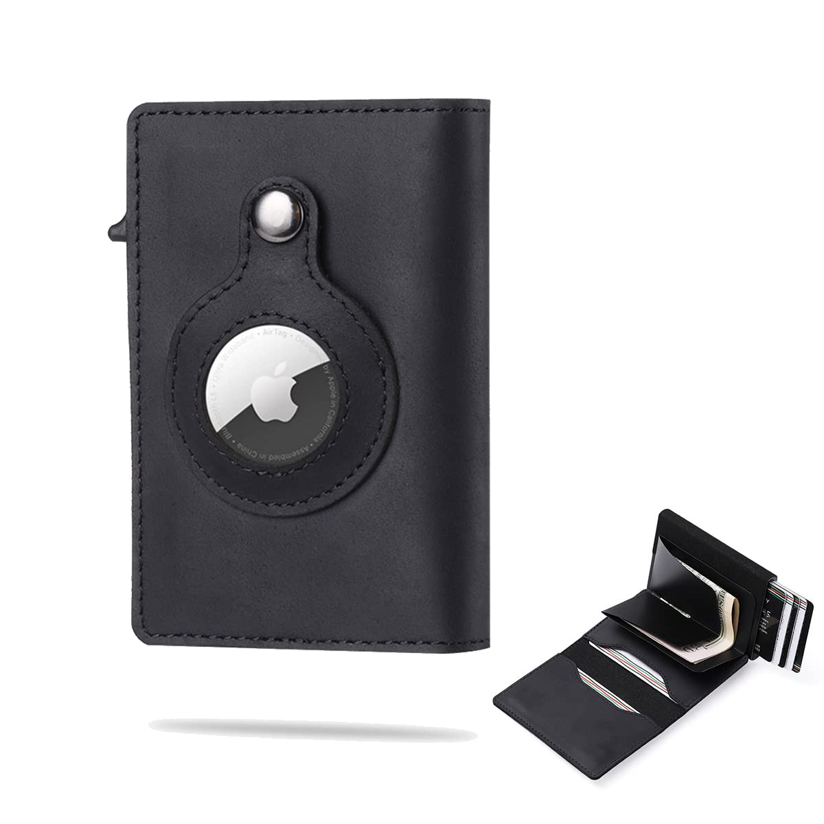 Genuine Leather RFID Blocking Wallet with AirTag Slot - Slim Minimalist Card Holder for Business & Travel - Anti-Theft Automatic Pop-Up Aluminum Bifold Wallet (Black) | Perfect for Everyday Carry, Office & Secure Travel