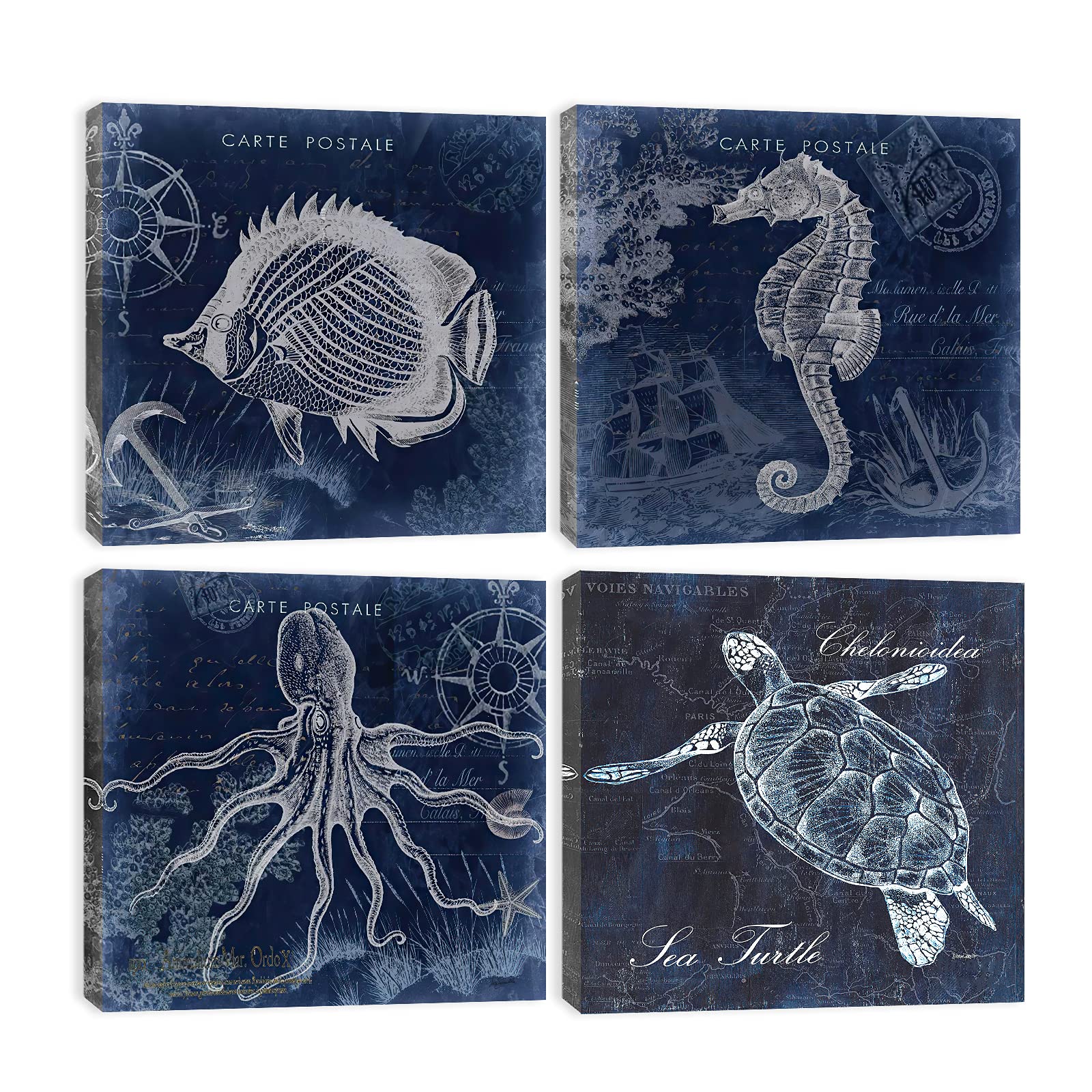 4-Piece Ocean Themed Bathroom Wall Art Set - Sea Turtle, Octopus, Seahorse & Fish Canvas Decor for Kids' Bathroom | Coastal Nautical Theme for Beach House & Bathroom Decor