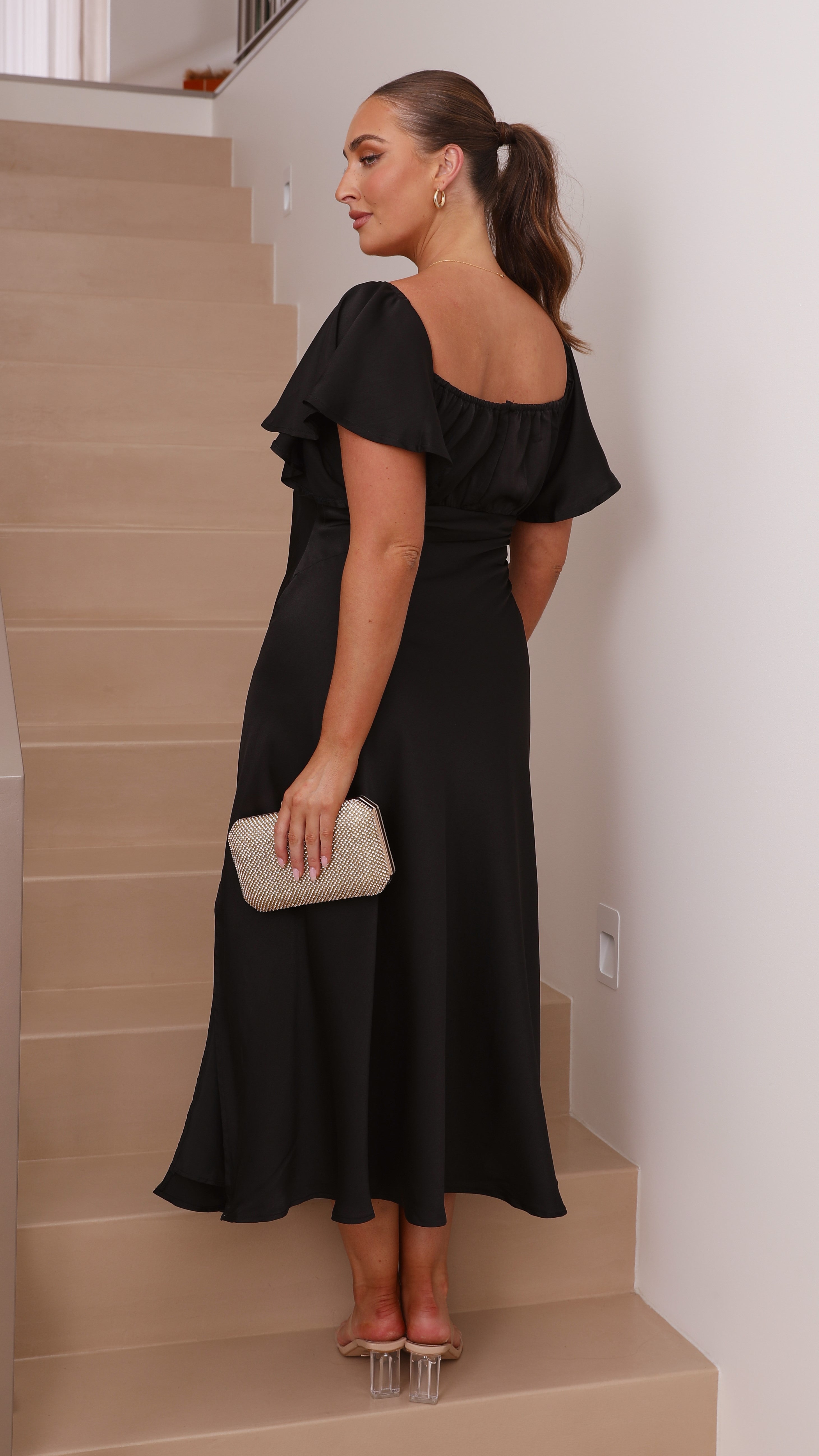 Louisa Midi Dress for Women - Elegant Black Flowy Summer Dress for Casual Wear, Office & Date Night | Plus Size Options Available