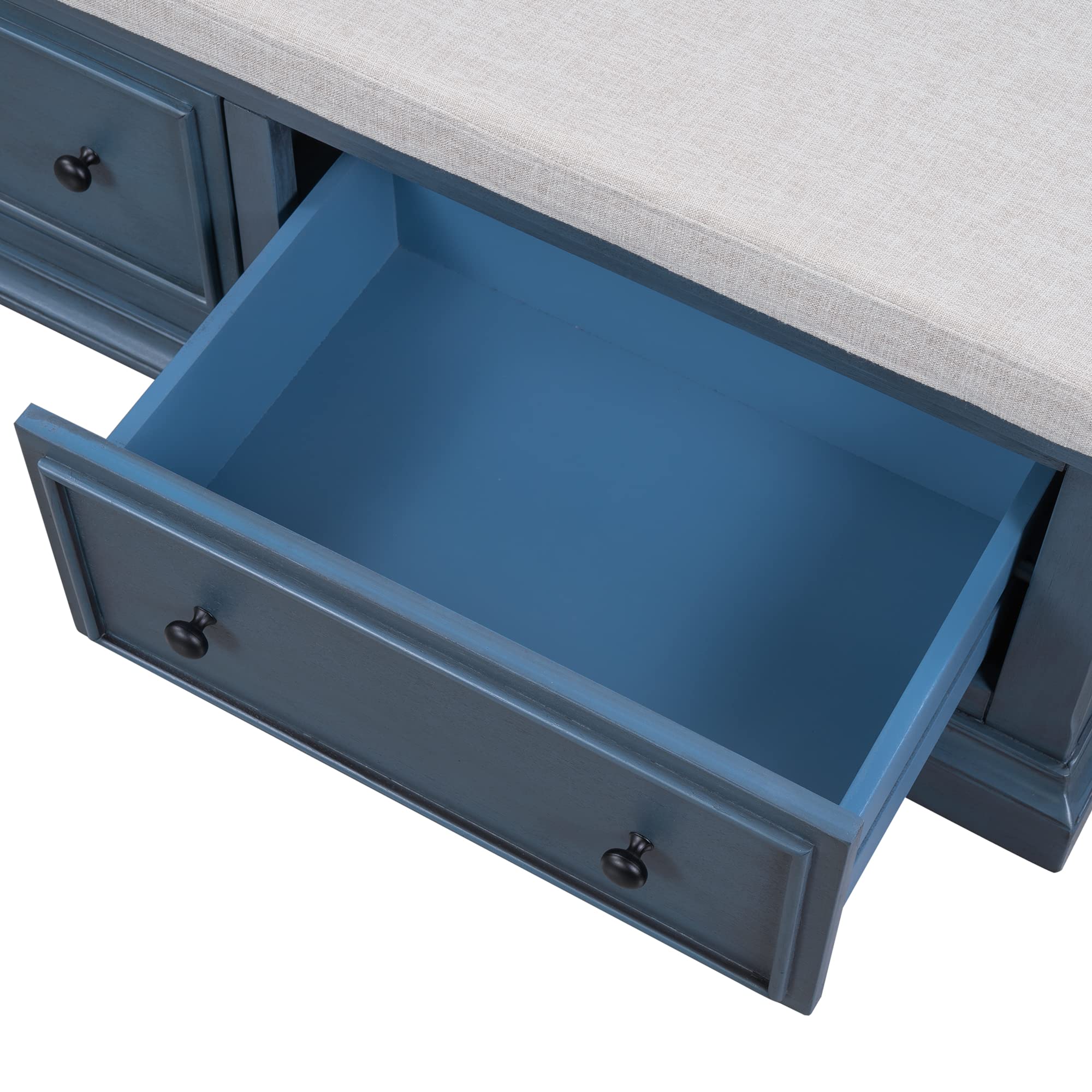 Solid Wood Fully-Assembled Shoe Storage Bench with 2 Large Drawers & Removable Linen Blend Cushion - Entryway Hallway Living Room Furniture (Navy + Wood) - Perfect for Organizing Shoes, Coats & Home Decor in Small Spaces