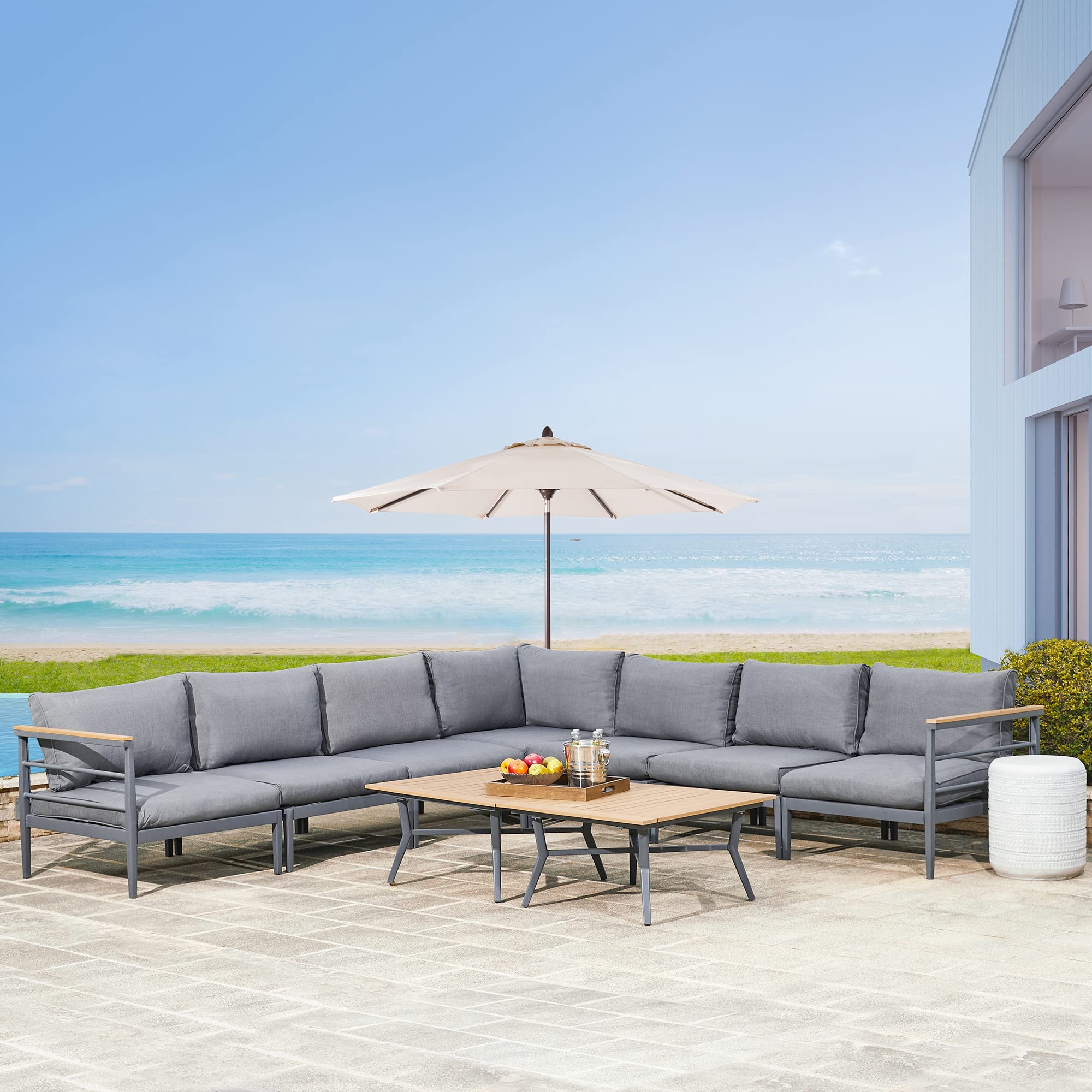 Premium 9-Piece Aluminum Outdoor Furniture Set with Coffee Table & Removable Cushions - Patio Sectional Sofa Conversation Set for Garden, Balcony, Backyard - Weather-Resistant Black Metal Patio Seating (Perfect for Outdoor Entertaining & Relaxation)