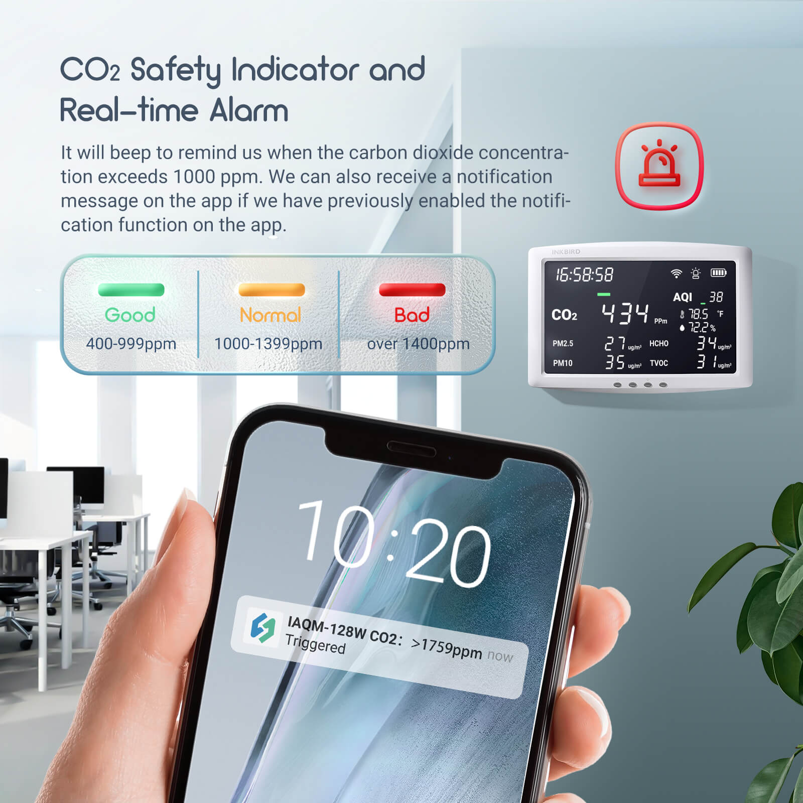 8-in-1 Wireless Air Quality Monitor IAQM 128W - Indoor Air Pollution Detector for Home, Office & Baby Room - Measures PM2.5, CO2, Temperature & Humidity