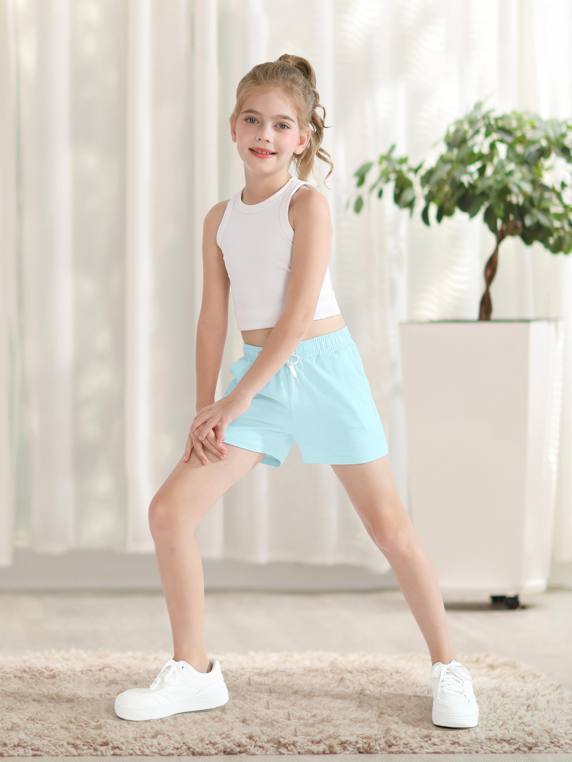 Poroka 5 Pack Girls Athletic Shorts - Breathable Performance Running Shorts for Kids, Yoga & Summer Sports with Adjustable Drawstring Waistband - Perfect for School PE, Playground & Outdoor Activities