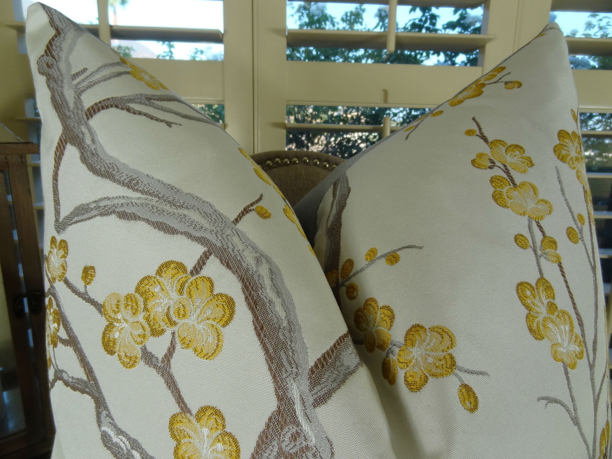 Japanese Blossom Floral Throw Pillow - Modern Decorative Accent Pillow in White, Gray & Yellow - Made in USA | Perfect for Sofa, Bed & Home Decor (11115)