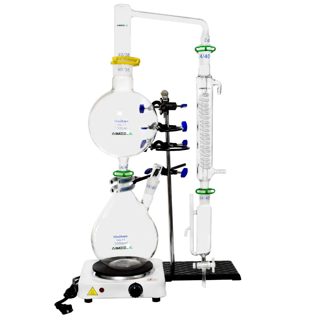 2000ml Essential Oil Distillation Kit - Glass Water Distiller Purifier with Hot Stove & Graham Condenser for Hydrosol, Moonshine & Alcohol | Lab-Grade 24/40 Joint S35 Glassware | Perfect for Aromatherapy, Home Brewing & Herbal Extraction