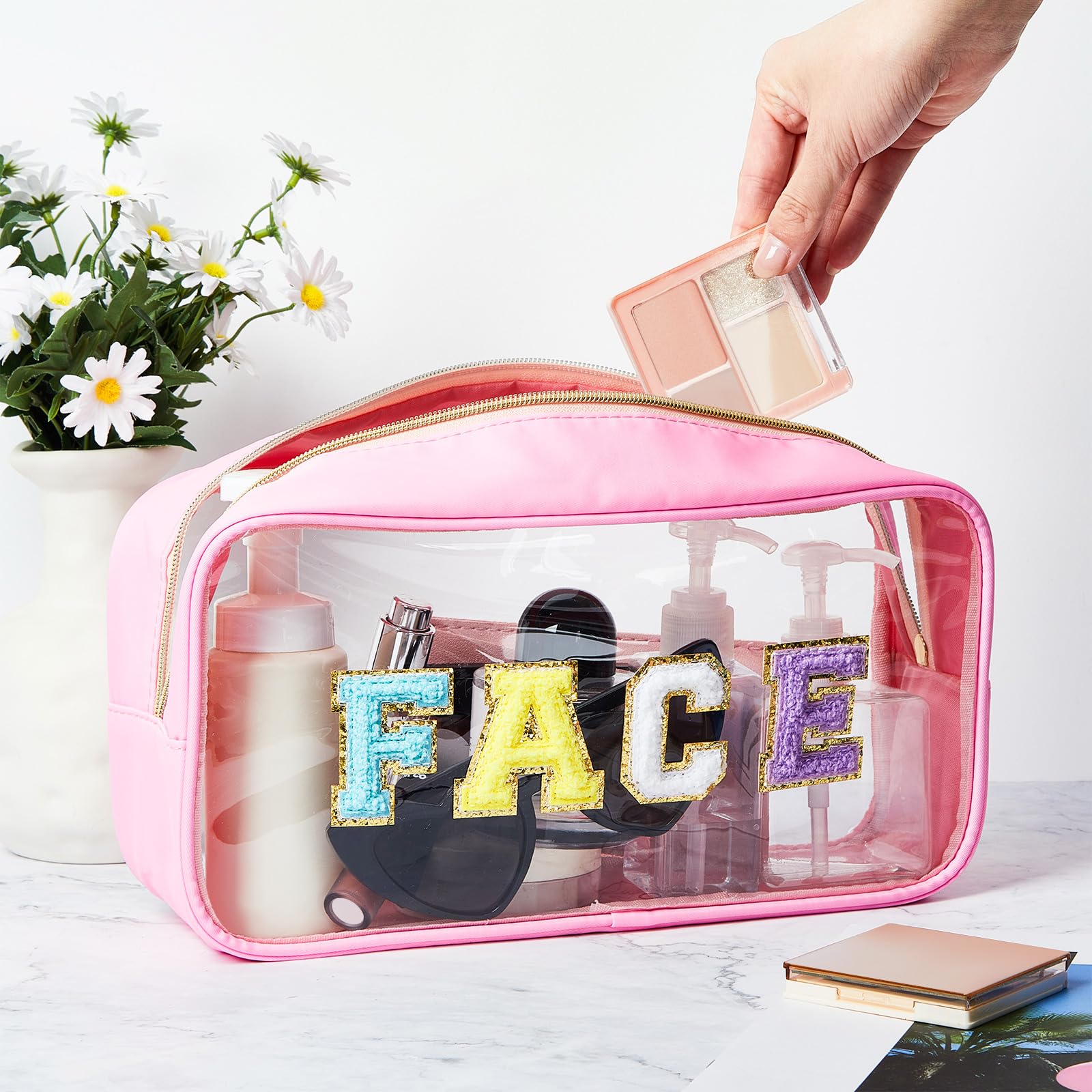 6 Pack Large Chenille Letter Cosmetic Bags - Preppy Patch PVC Nylon Makeup Pouch with Zipper | Glitter Clear Travel Toiletry Storage for Women | Perfect for Gym, Vacation & Daily Organizer