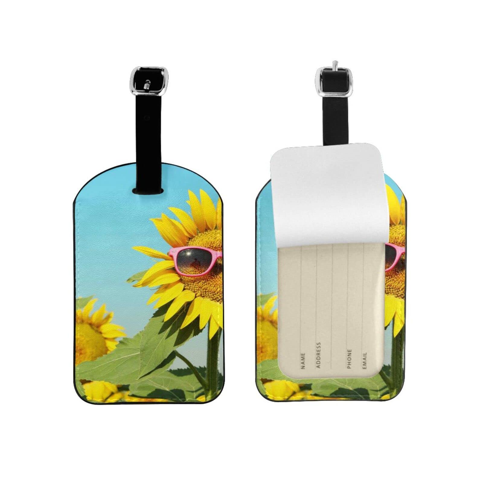 2-Piece Sunflower Luggage Tags with Sunglasses Design, Stainless Steel Ring & Address Card - Stylish Privacy Cover for Travel Bags & Suitcases | Perfect for Vacation, Business Trips & Airport Identification