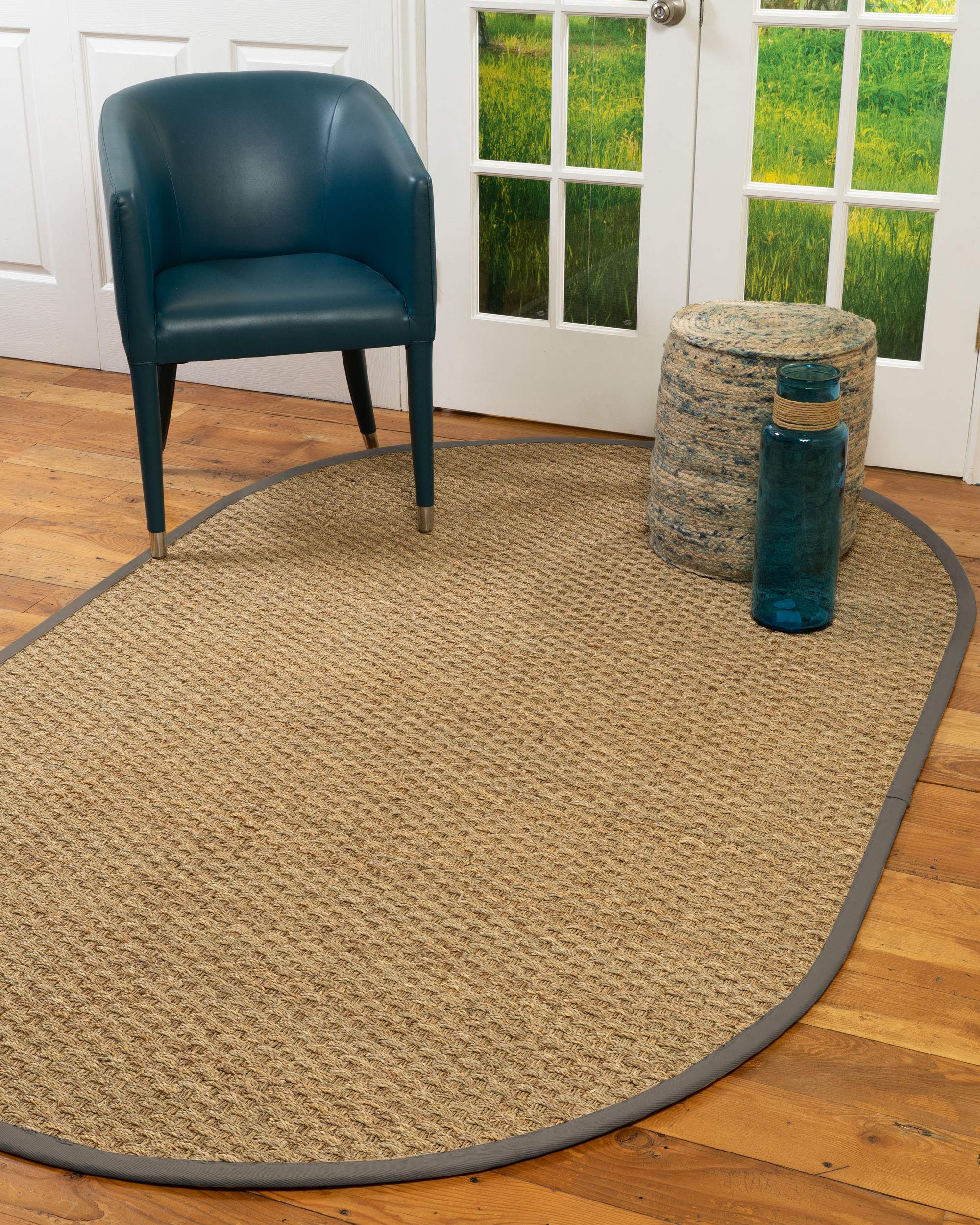 100% Natural Fiber Handmade Basketweave Seagrass Rug - 5' x 8' Oval with Stone Border | Eco-Friendly Floor Mat for Living Room, Bedroom & Boho Decor