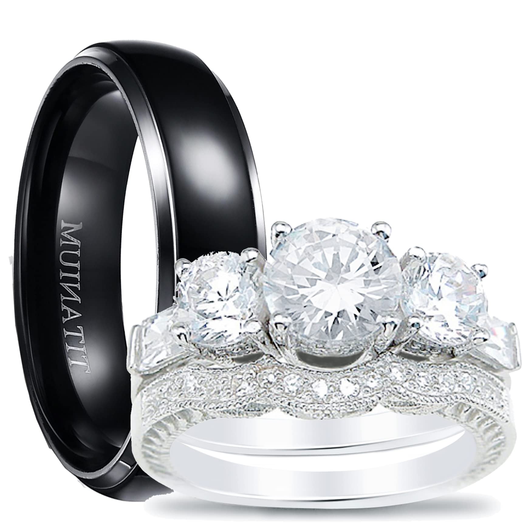 Titanium & Sterling Silver Wedding Rings Set for Him and Her - Elegant Matching Couple Bands for Engagement, Anniversary & Vow Renewal Ceremonies