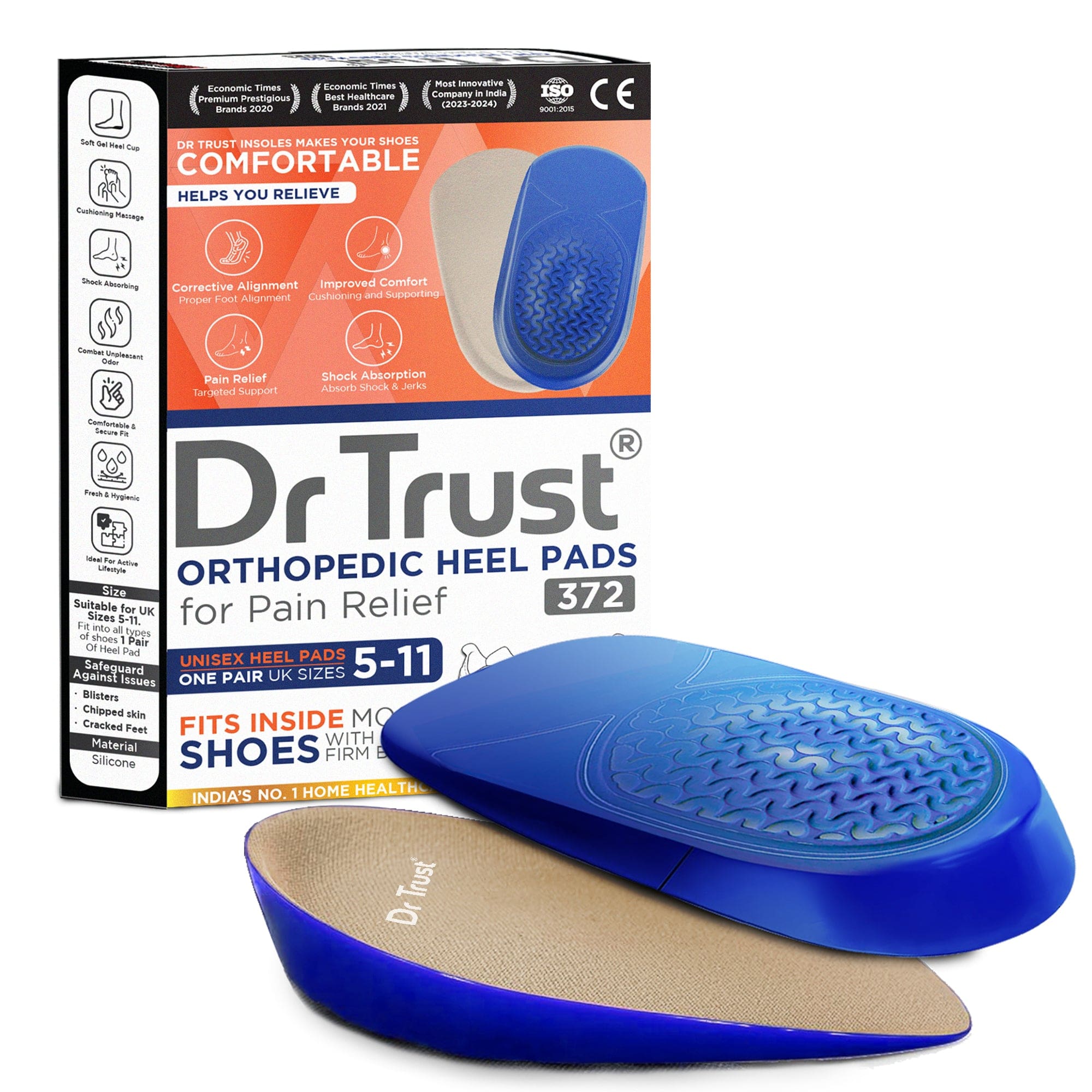 Dr Trust USA Orthopedic Heel Pads - Plantar Fasciitis Pain Relief, Heel Spurs & Foot Comfort Gel Inserts for Women & Men - Cushioned Heel Support (1 Pair, UK 5-11) - Perfect for Running, Walking & Everyday Comfort