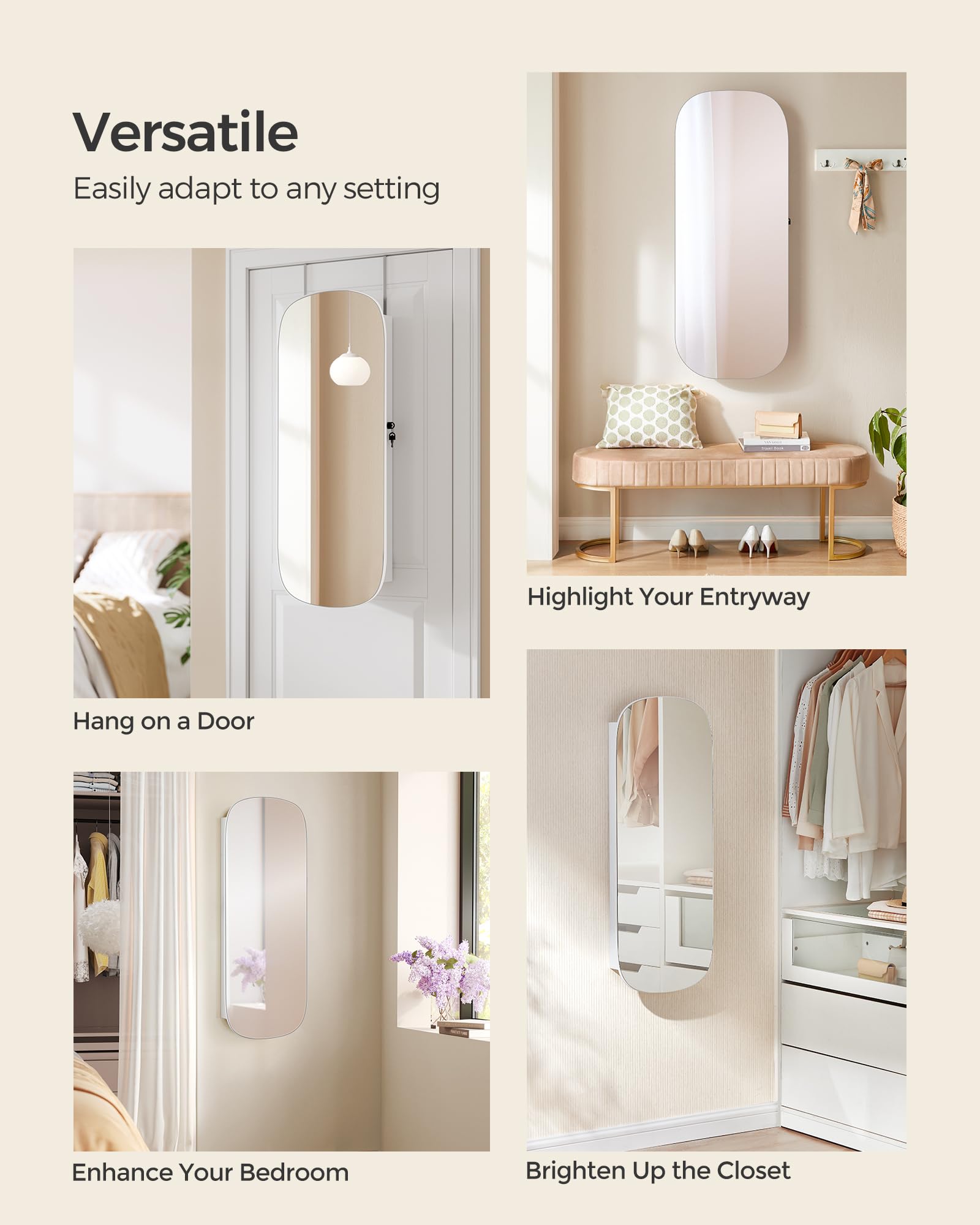 SONGMICS LED Jewelry Organizer Cabinet with Lockable Mirror - Wall or Door Mounted Jewelry Storage, 3.9 x 16.5 x 42.5 Inches, White with Greige Lining - Perfect for Bedroom, Closet, or Dressing Room Organization