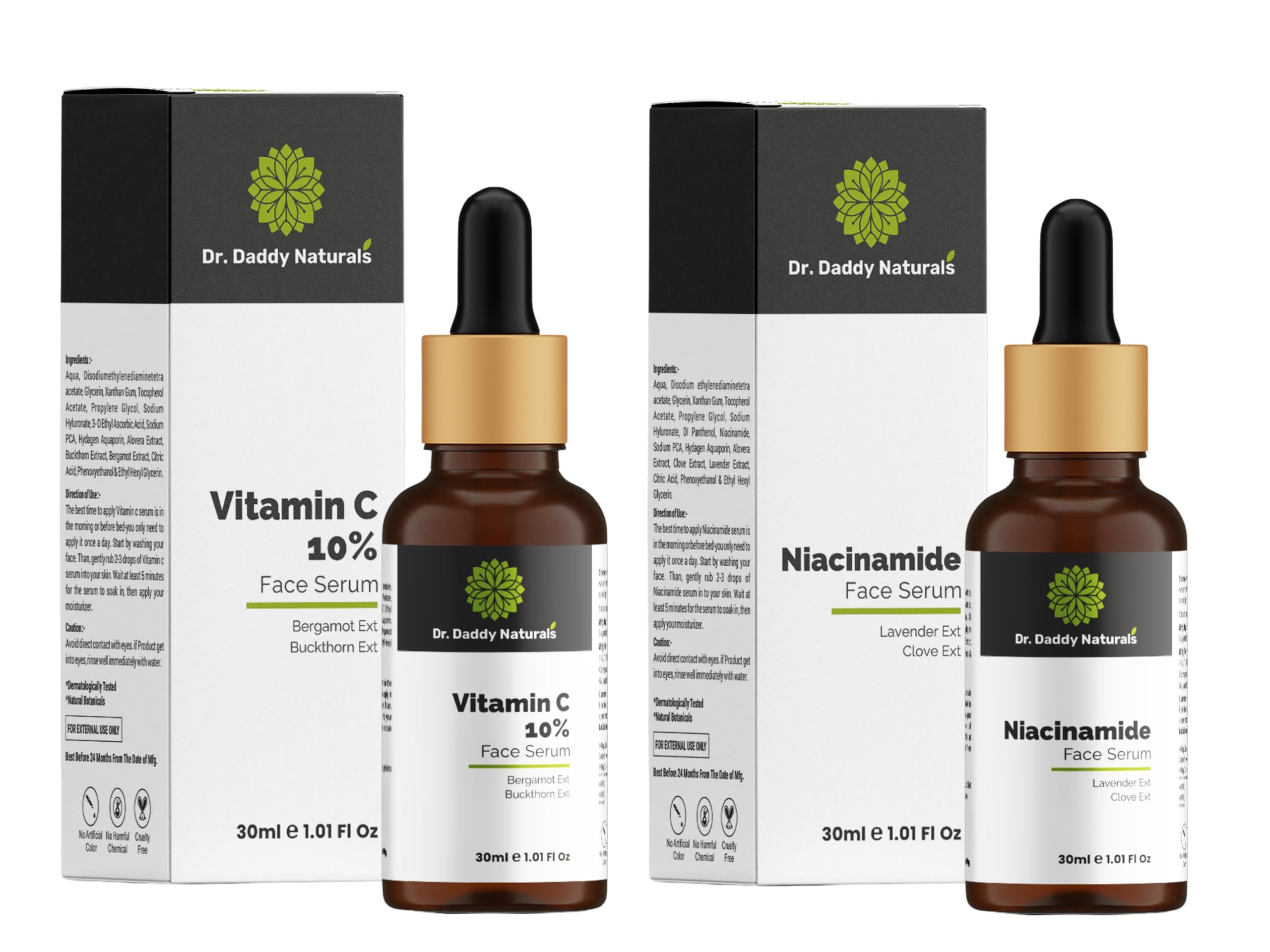 Dr. Daddy Naturals Vitamin C & Niacinamide Face Serum Set for Glowing Skin - Brightens, Fades Dark Spots & Pigmentation - Fragrance Free 30ml (Pack of 2) | Perfect for Daily Skincare Routine & Anti-Aging Treatment