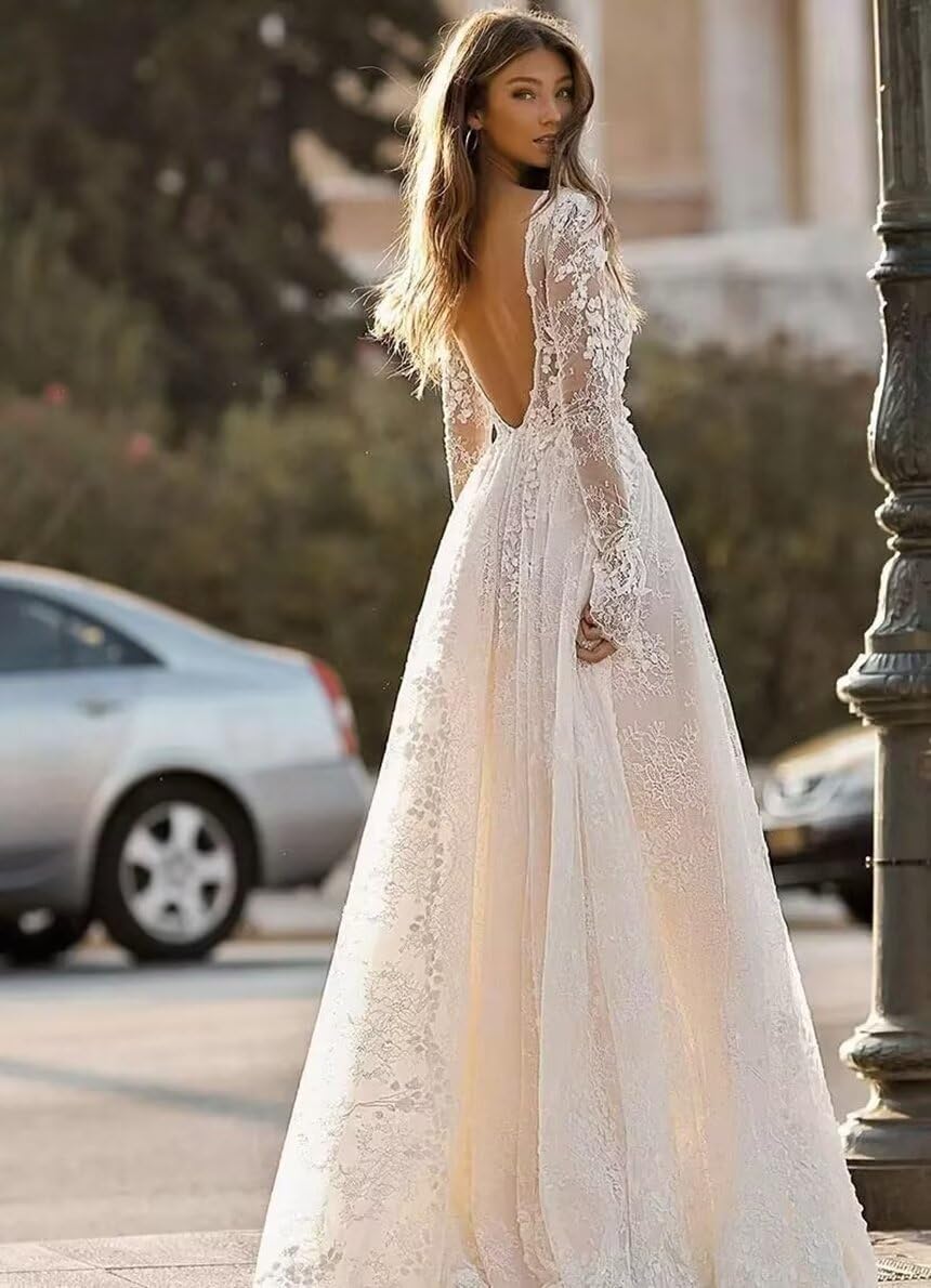 Elegant Long Sleeve Tulle Wedding Dress with Lace Appliques - Boho Bridal Gown for Women | Perfect for Beach, Garden & Vintage Theme Weddings
