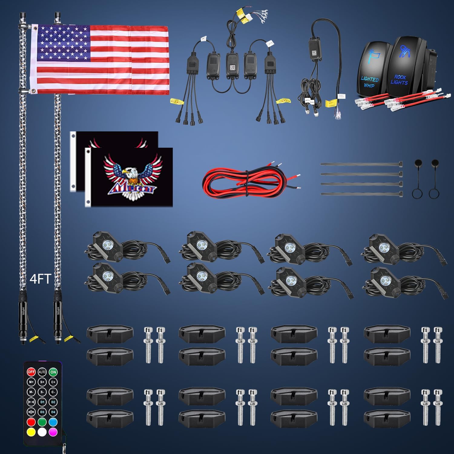 2Pcs 4FT Spiral Antenna Bluetooth Remote App Control LED Whip Light | 8Pcs RGB Rock Lights | 5Pin Wire Switch Kits for Off-Road Trucks, ATVs, UTVs, Motorcycles - Perfect for Night Rides, Car Shows & Outdoor Adventures