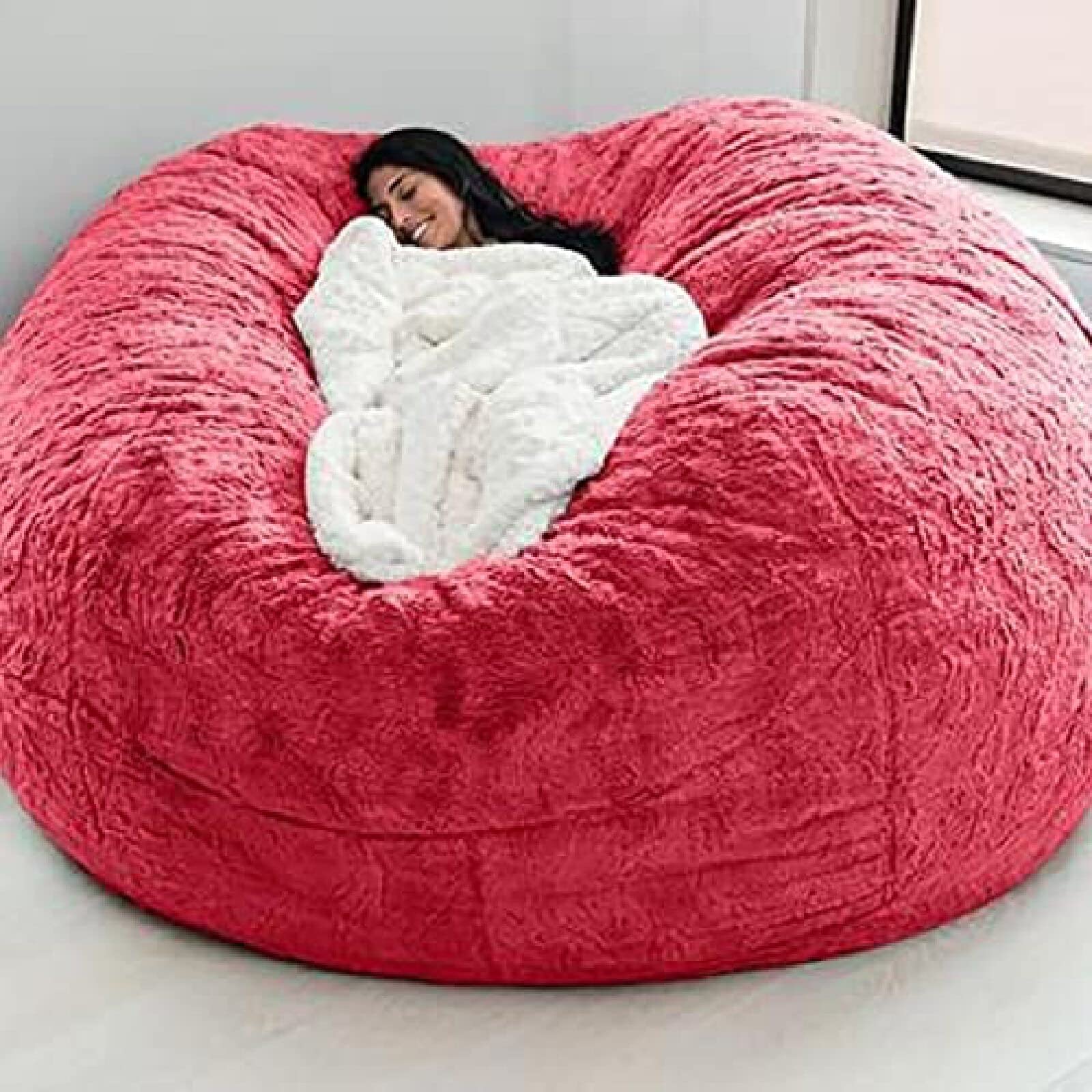 5FT Oversized Round Faux Fur Bean Bag Chair Cover - Soft Fluffy Lazy Sofa (No Filler) 135X65cm in Red - Perfect for Living Room, Bedroom & Game Room Relaxation - Cozy Seating for Movie Nights, Reading Nooks and Teen Hangouts