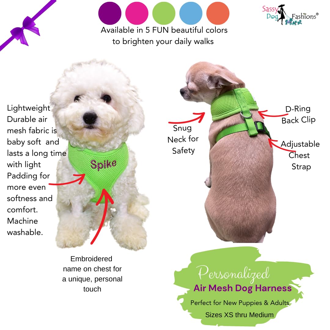 **Personalized Dog Harness with Embroidered Pet Name – Soft Padded Air Mesh No-Pull Adjustable Harness for Small & Medium Dogs – Made in USA (Small, Green) – Perfect for Walks, Training & Outdoor Adventures**