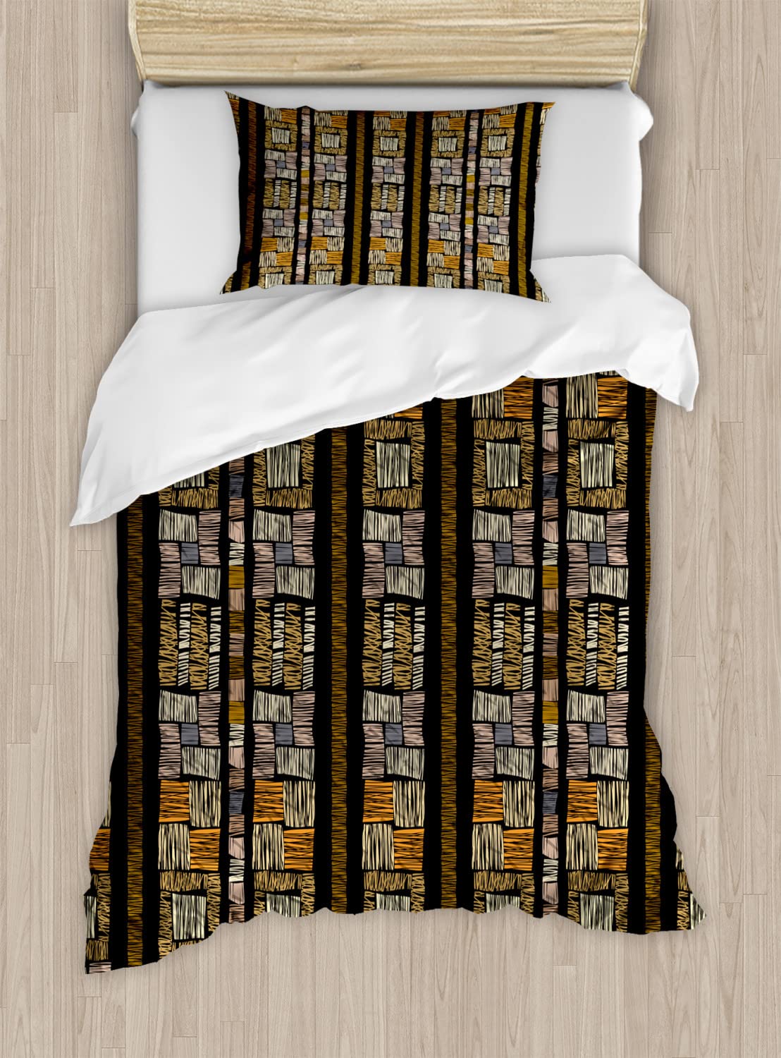 **Ambesonne Zambia Bohemian Striped Duvet Cover Set - 2 Pack Twin Size, Dark Mustard - Stylish Grunge Fashion Bedding with 2 Pillowcases - Perfect for Boho Chic & Vintage Themed Bedrooms**