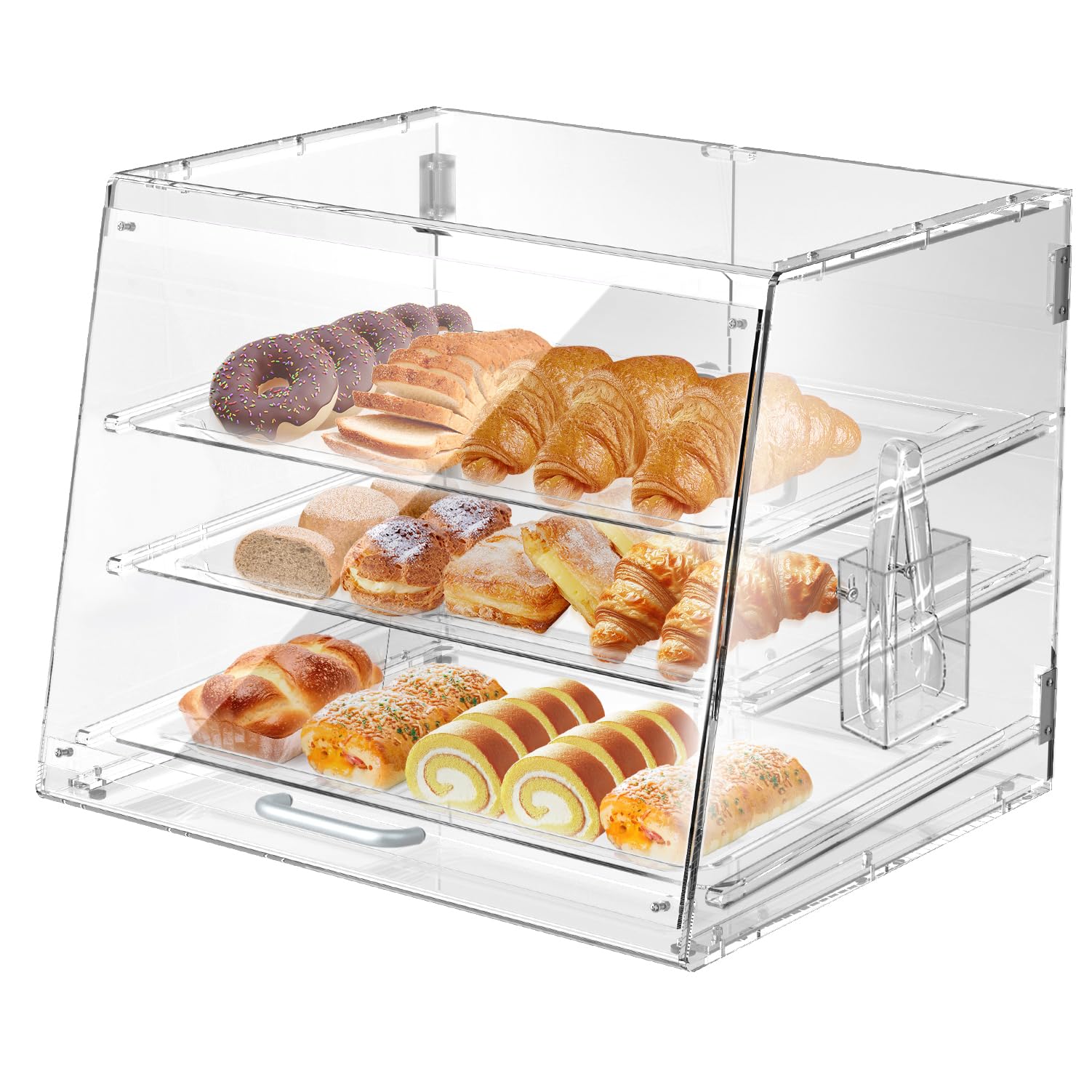 3-Tier Commercial Pastry Display Stand with Removable Bakery Case & Bread Tong - Countertop Cookie Showcase with Front/Rear Door Access - Perfect for Bakeries, Cafés & Dessert Shops