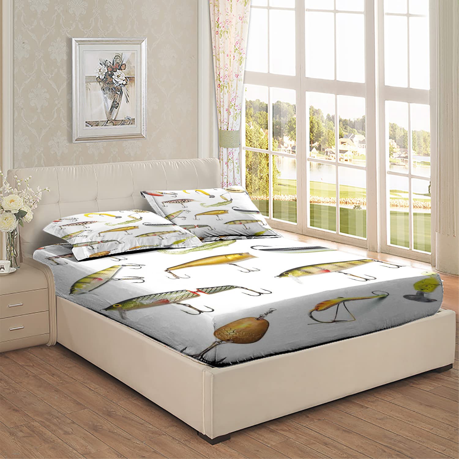 Fishing & Hunting Sea Animals Themed Twin/Twin XL Fitted Bed Sheets - Ultra Soft, Breathable 2-Piece Printed Bedding Set (Multicolor) for Kids' Rooms, Beach Houses & Outdoor Enthusiasts