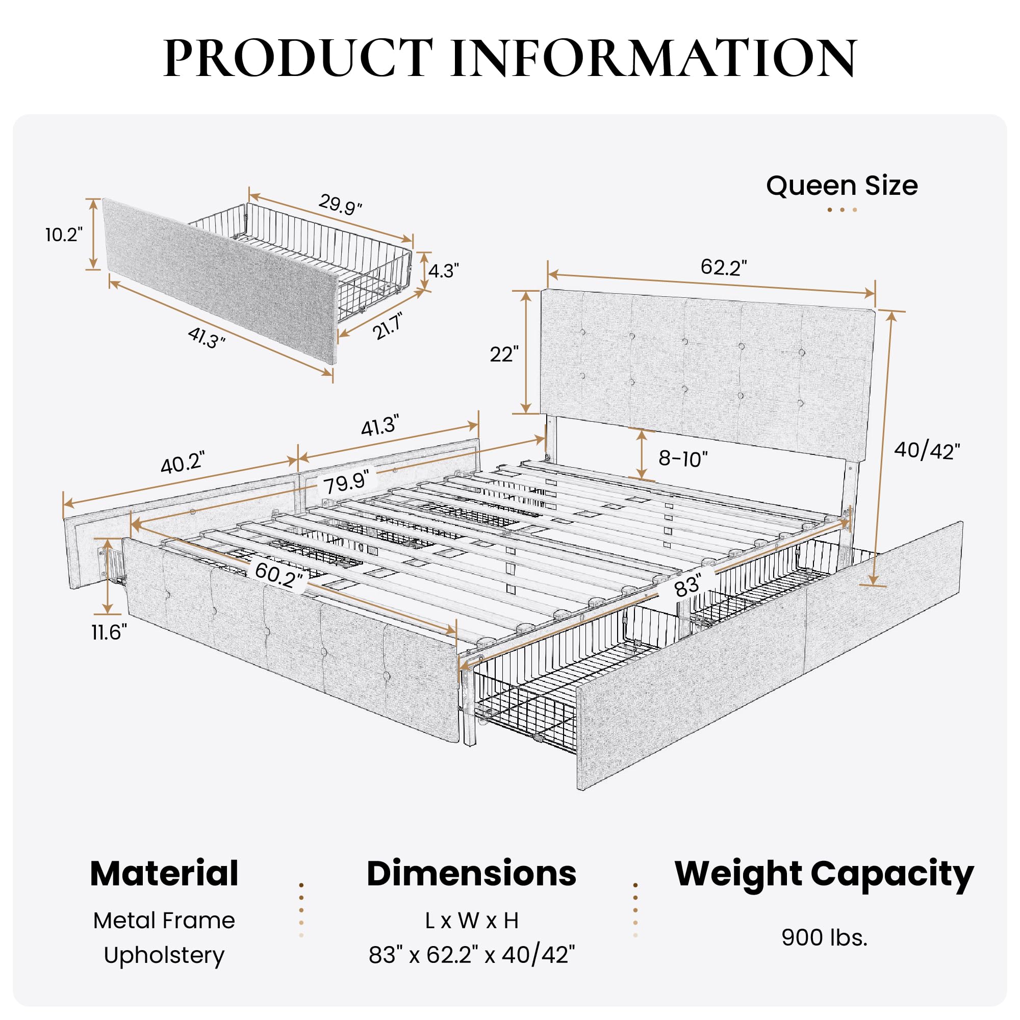 Queen Size Upholstered Platform Bed Frame with 4 Storage Drawers & Adjustable Headboard - Dark Grey Tufted Design, Wooden Slat Support, No Box Spring Needed | Perfect for Small Bedrooms, Guest Rooms & Modern Apartments